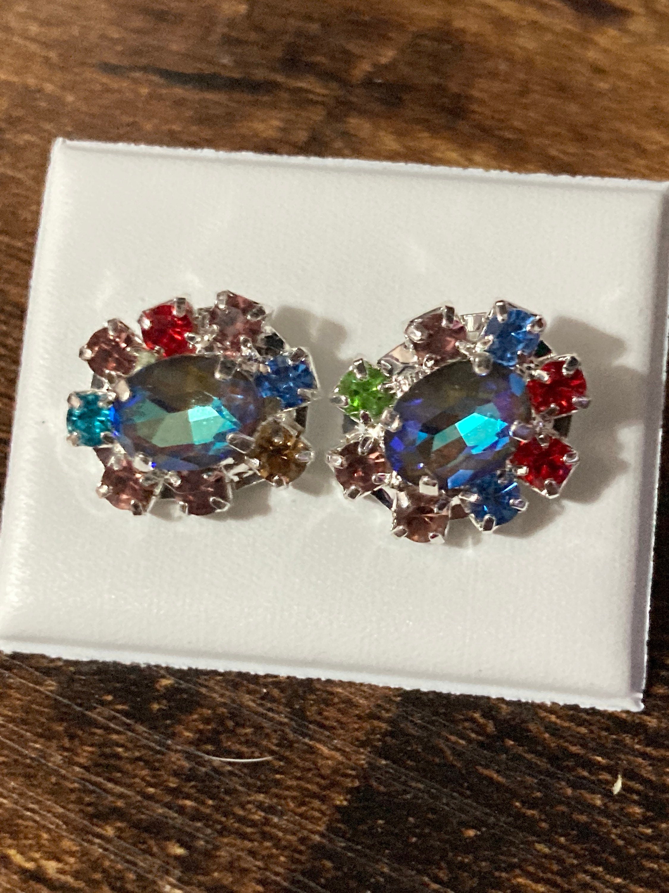 Retro diamanté earrings rhinestone sapphire blue and rainbow glass silver plated stud