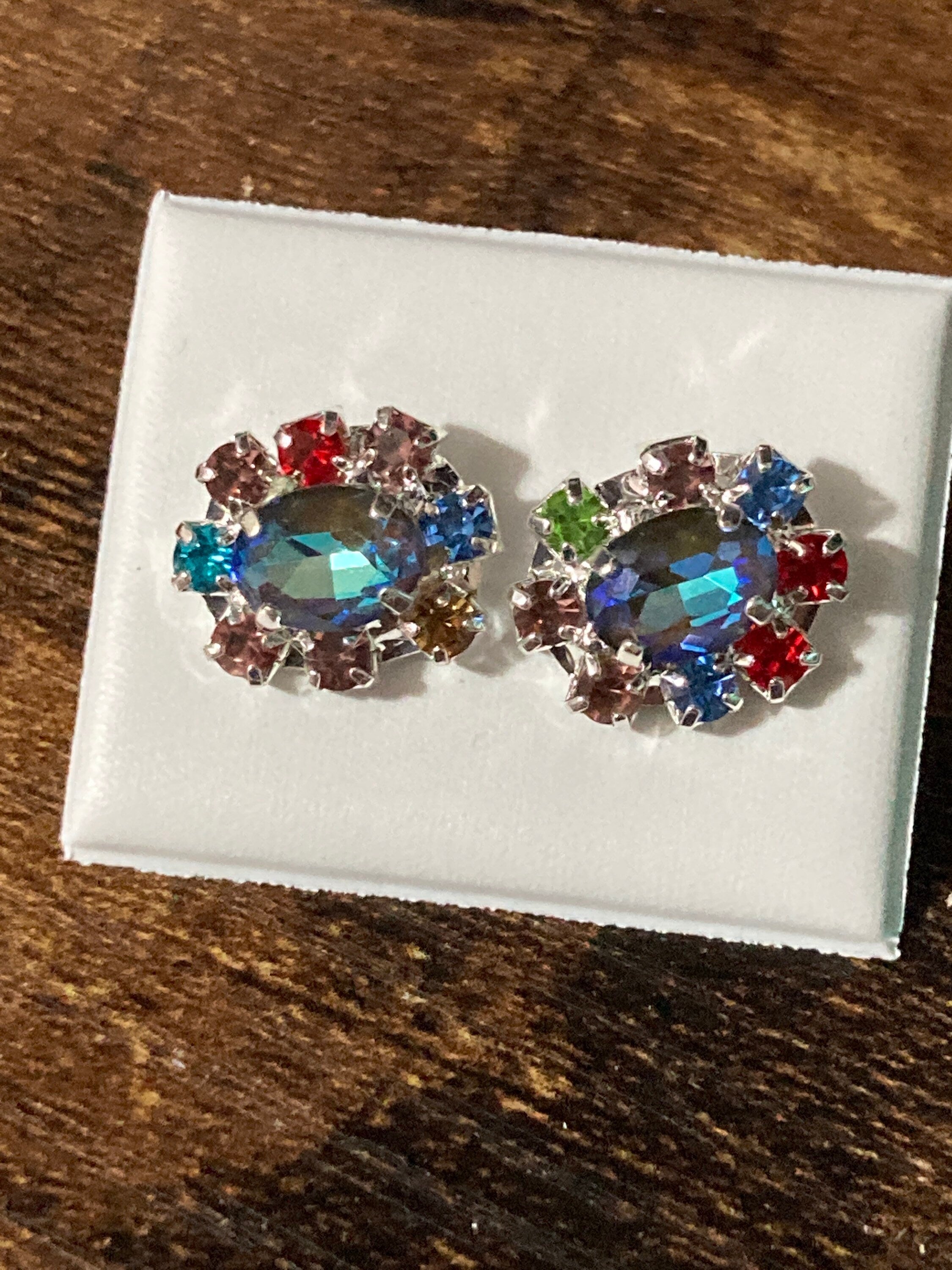 Retro diamanté earrings rhinestone sapphire blue and rainbow glass silver plated stud