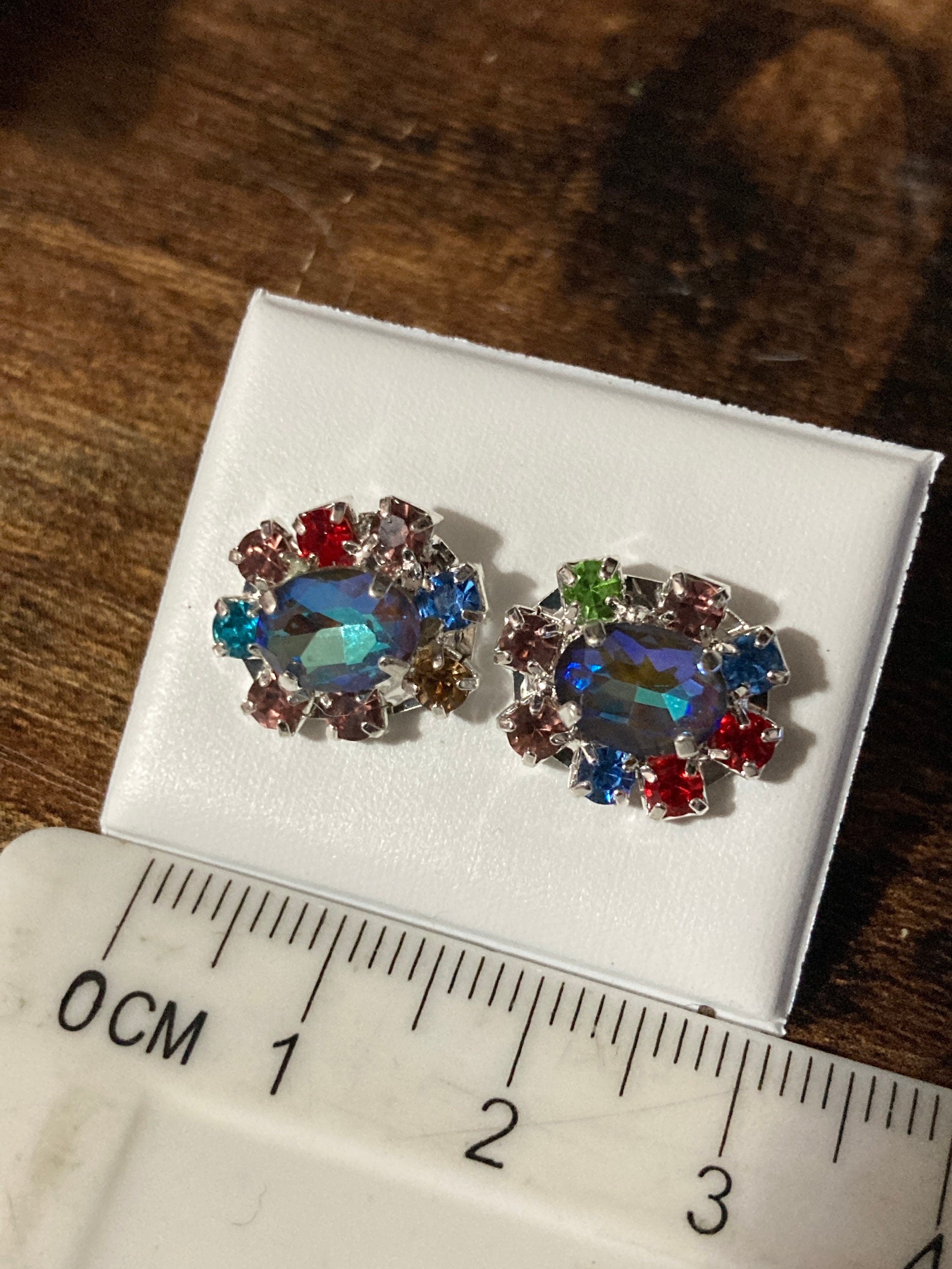 Retro diamanté earrings rhinestone sapphire blue and rainbow glass silver plated stud