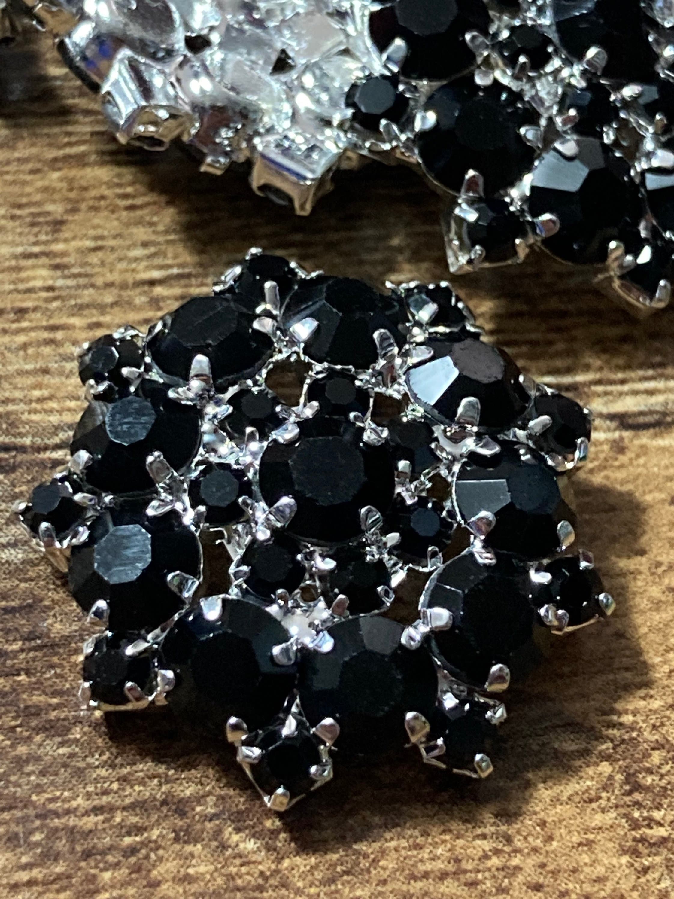 22mm black glass crystal paste buttons, silver tone metal shank Pack of 5