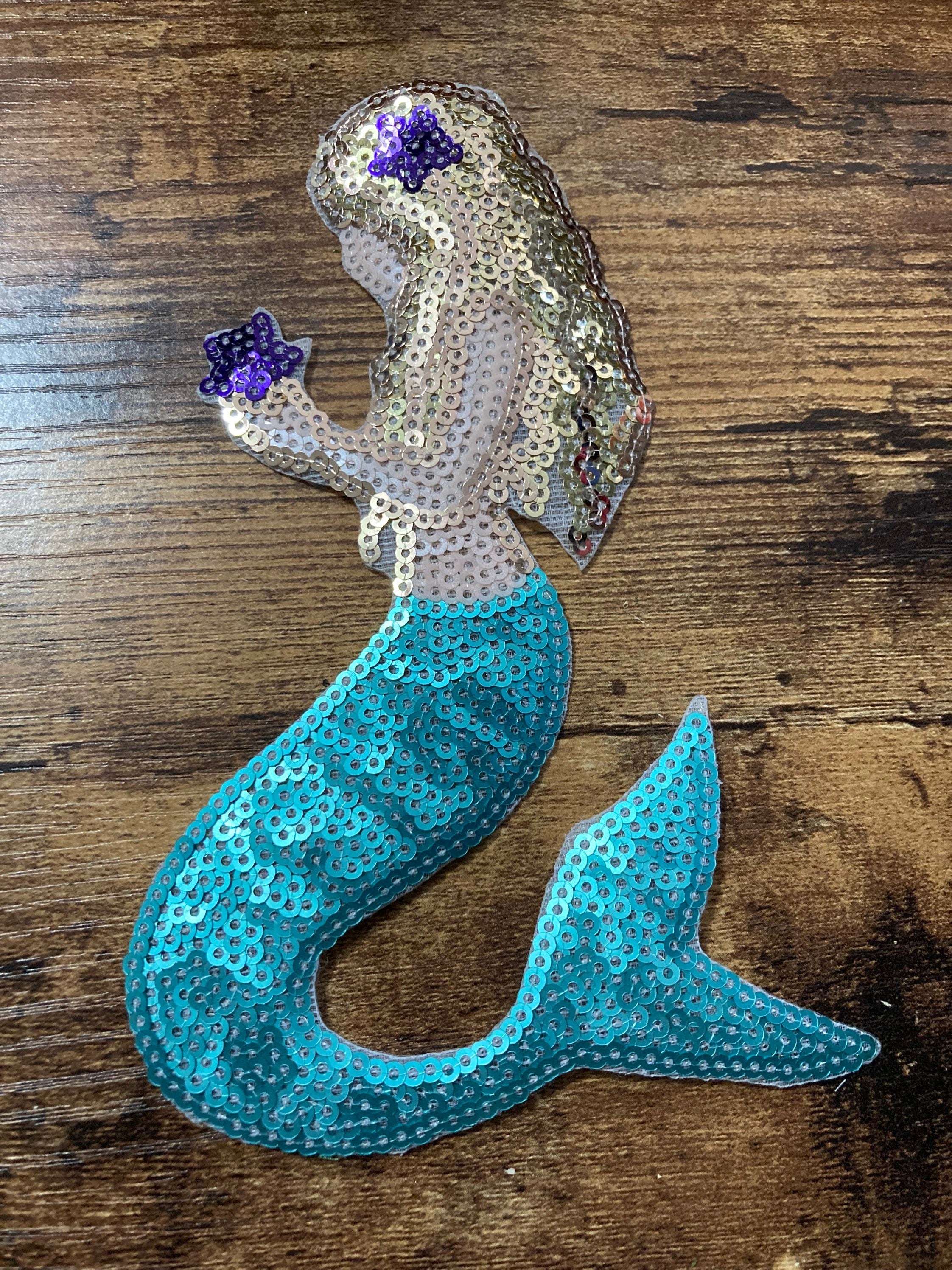 Large Iron On Mermaid Patch: Turquoise Blue & Gold Appliqué (8cm x 15cm)