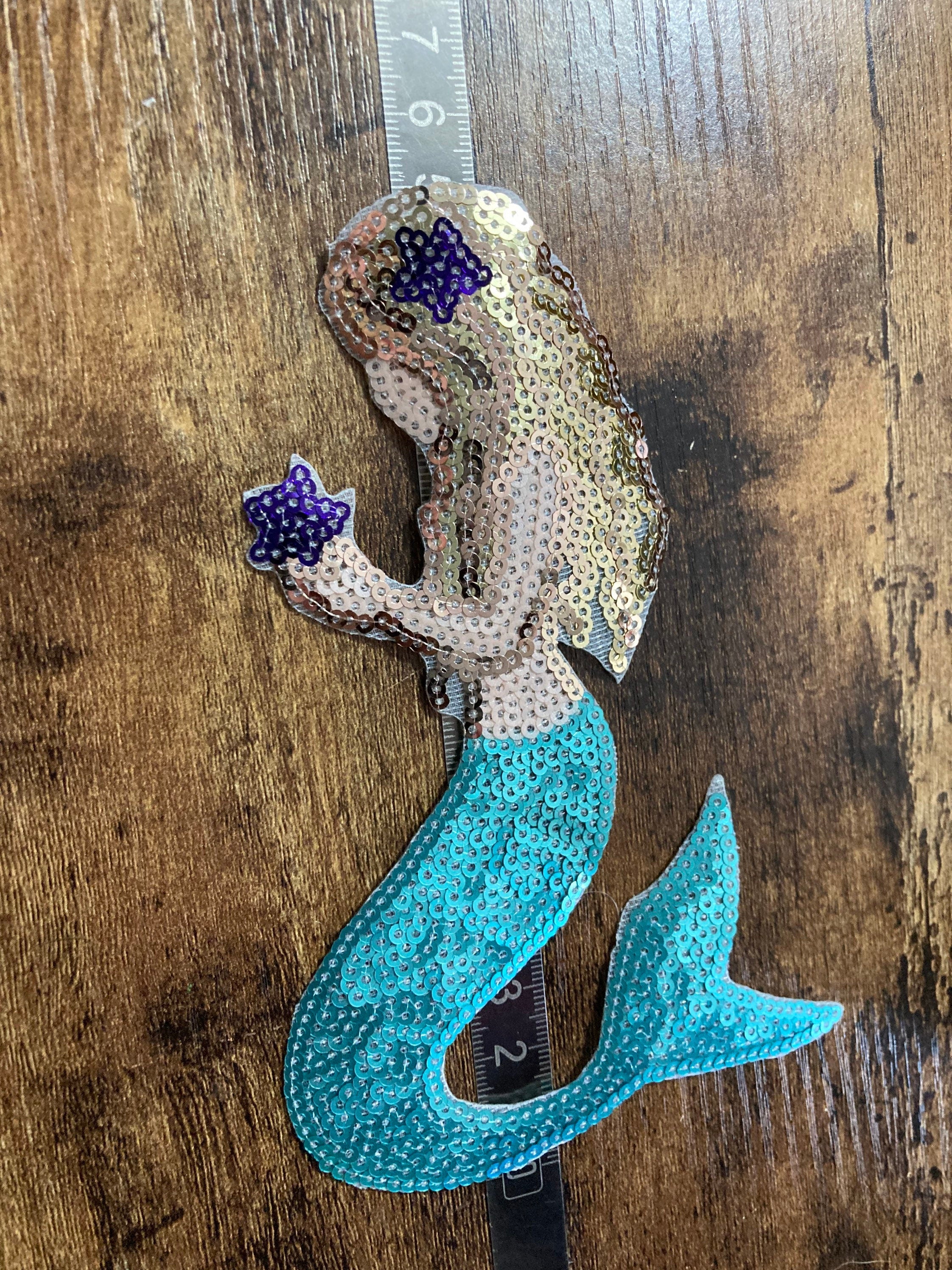 Large Iron On Mermaid Patch: Turquoise Blue & Gold Appliqué (8cm x 15cm)