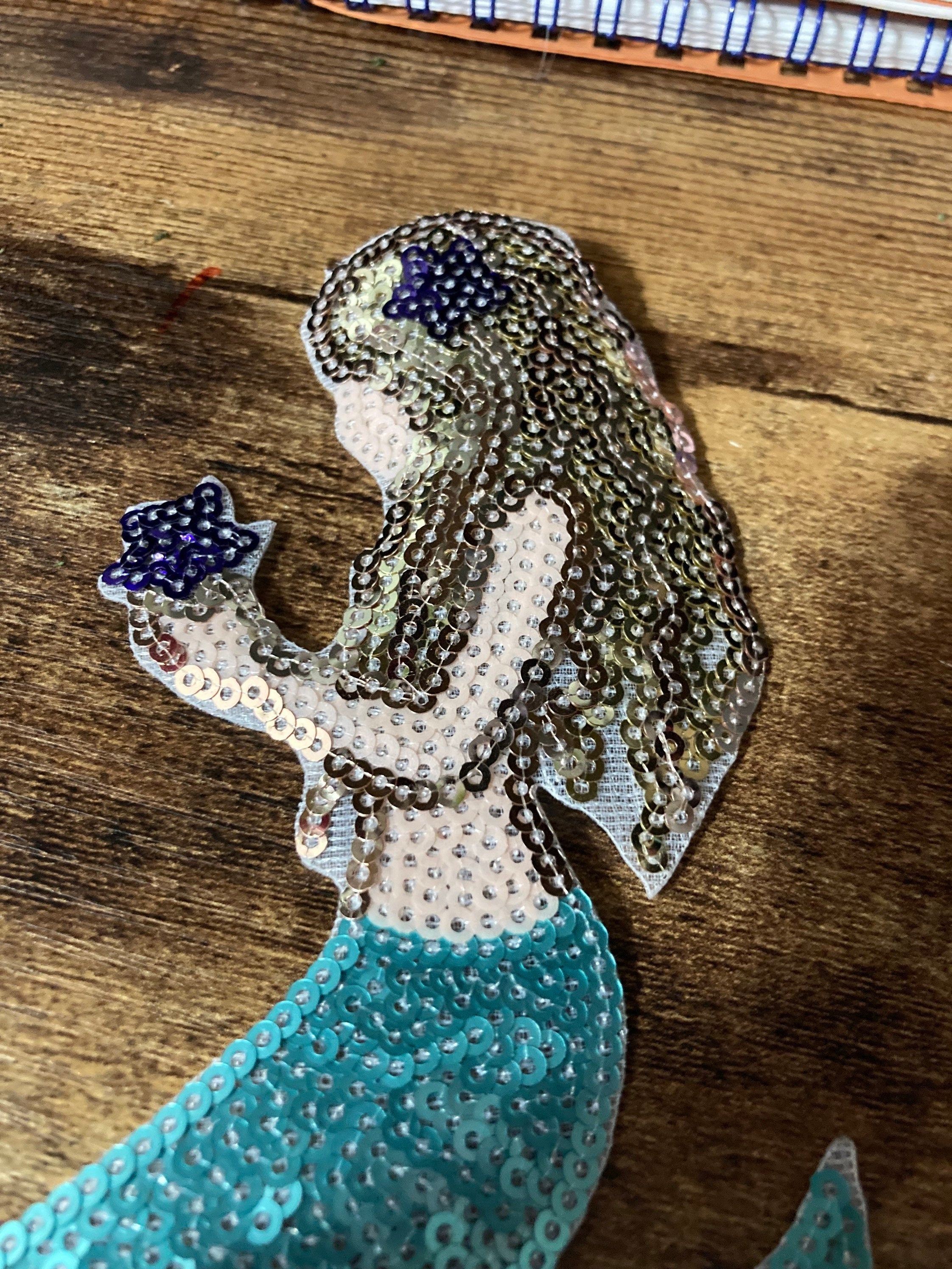 Large Iron On Mermaid Patch: Turquoise Blue & Gold Appliqué (8cm x 15cm)