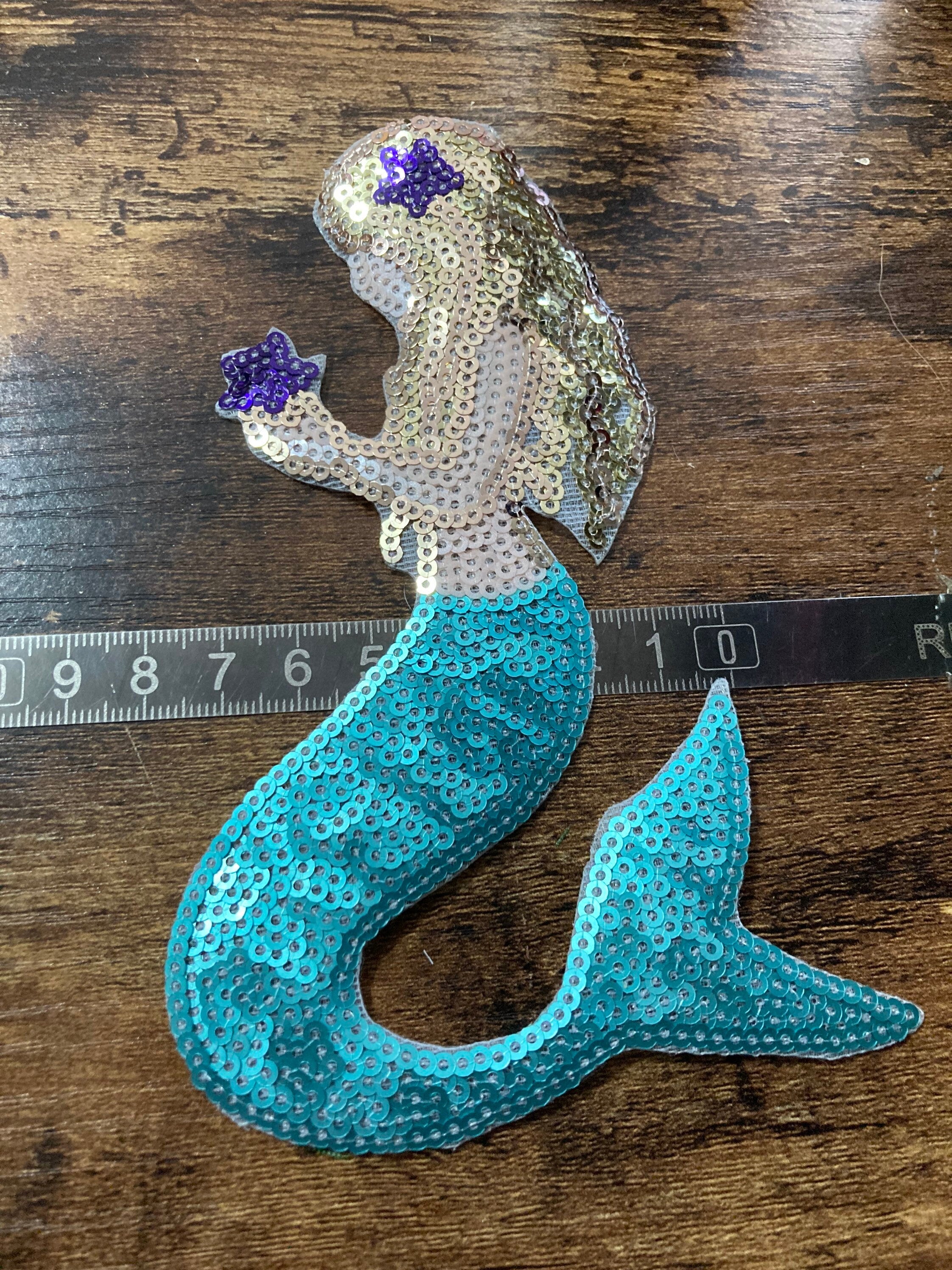 Large Iron On Mermaid Patch: Turquoise Blue & Gold Appliqué (8cm x 15cm)