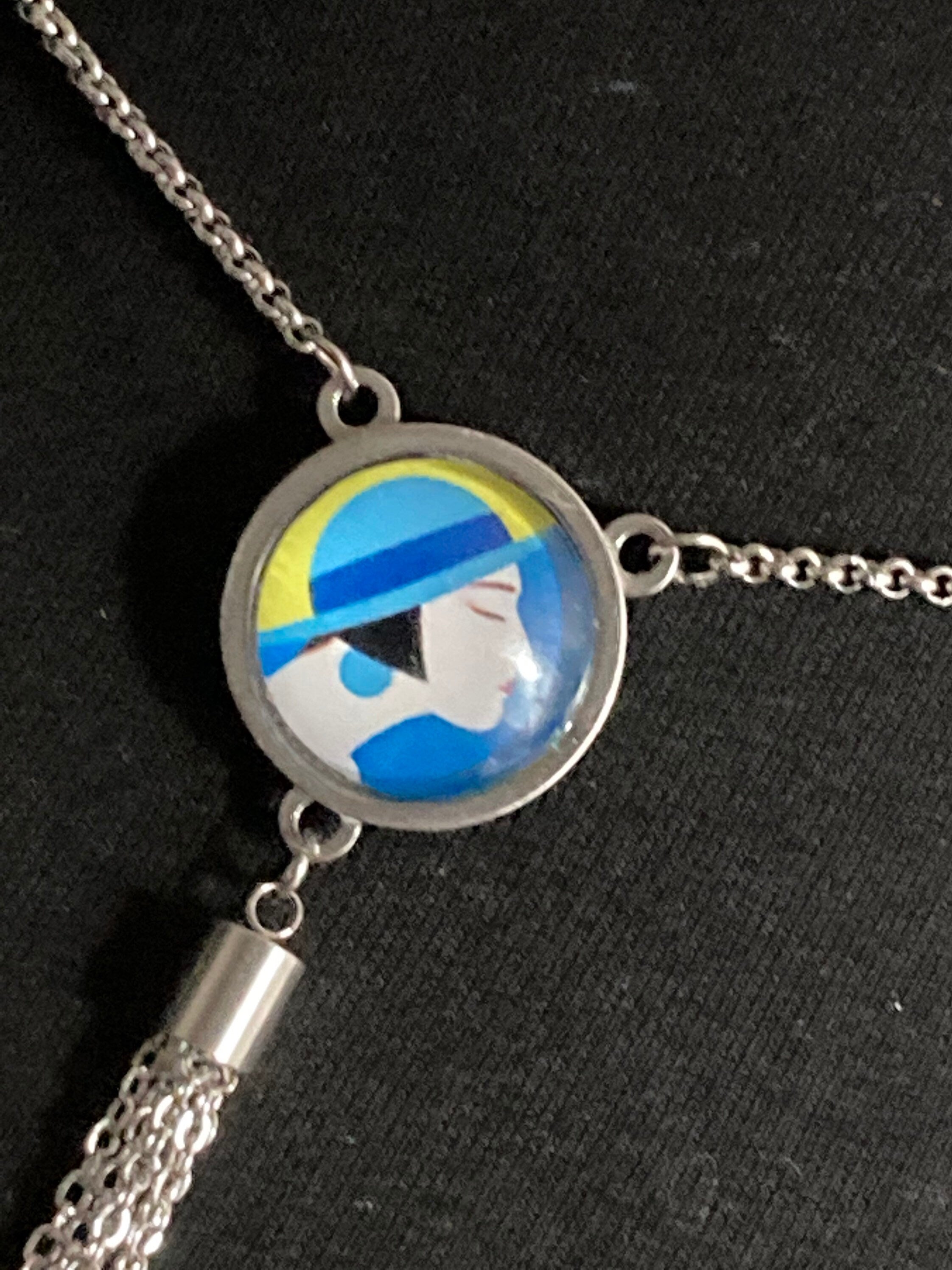 Art Deco lady silver tassel lariat necklace