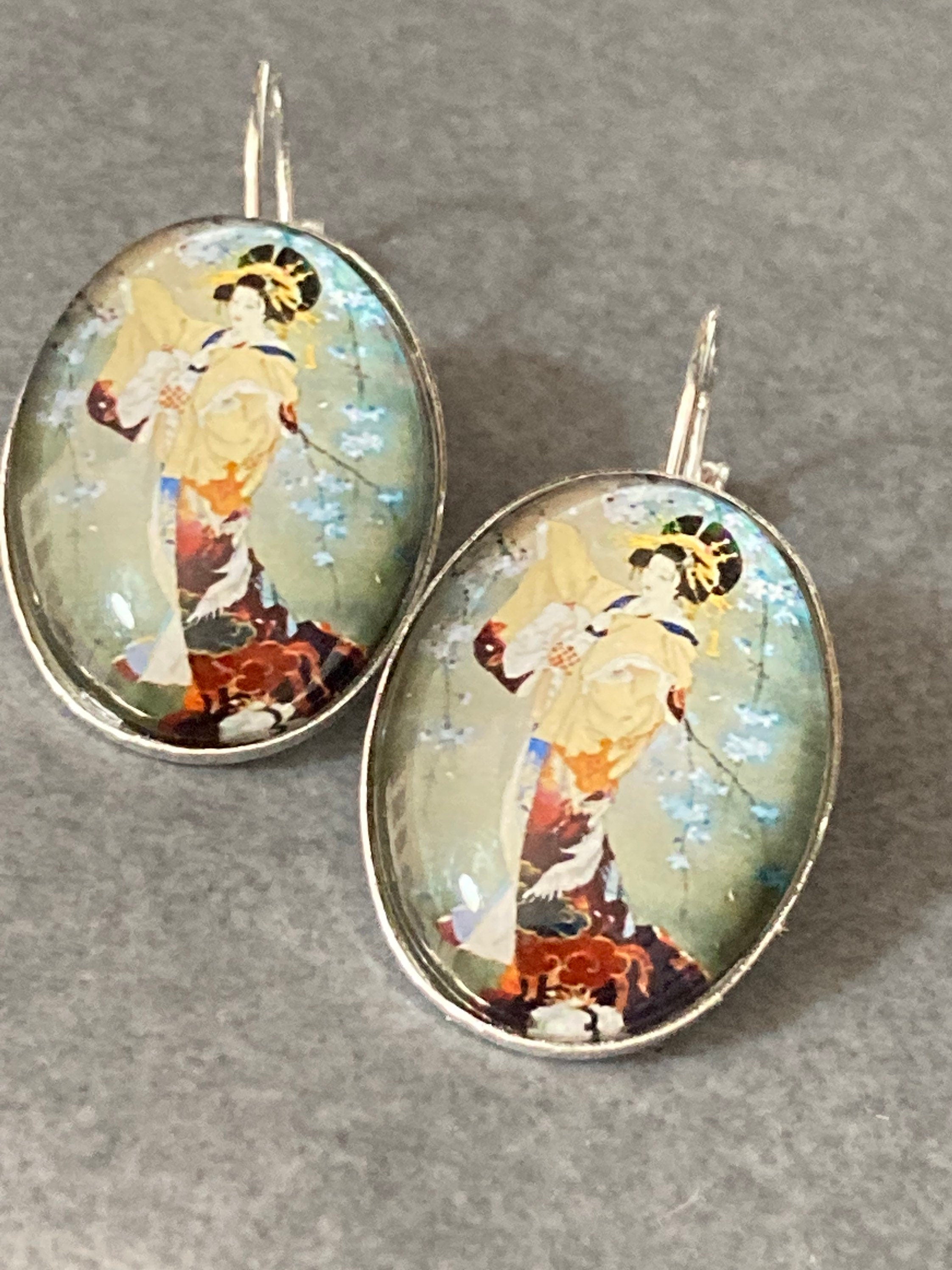 Japanese geisha girl earrings glass cabochon blue silver
