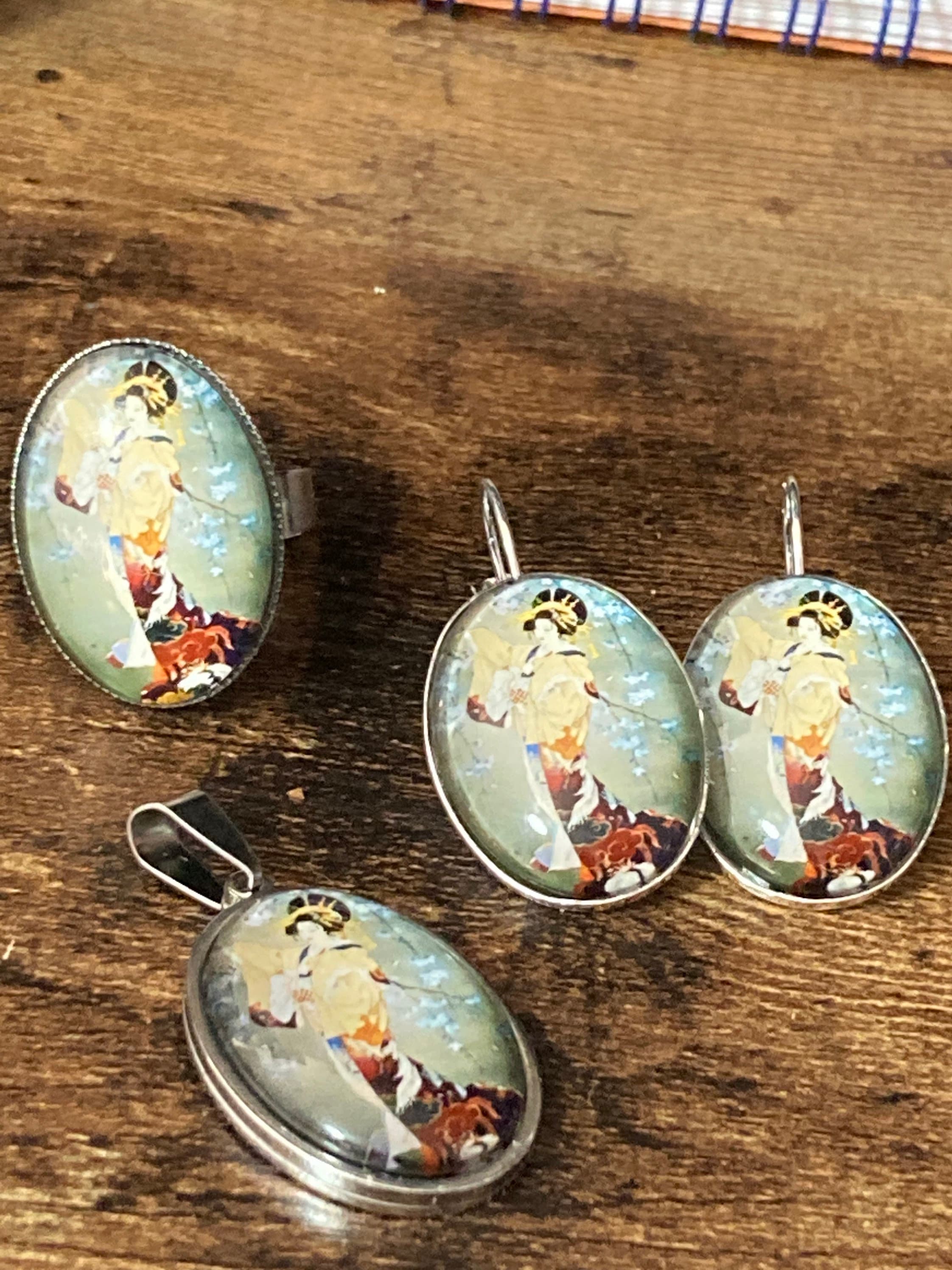 Japanese cherry blossom green glass cabochon dangly drop pair of earrings