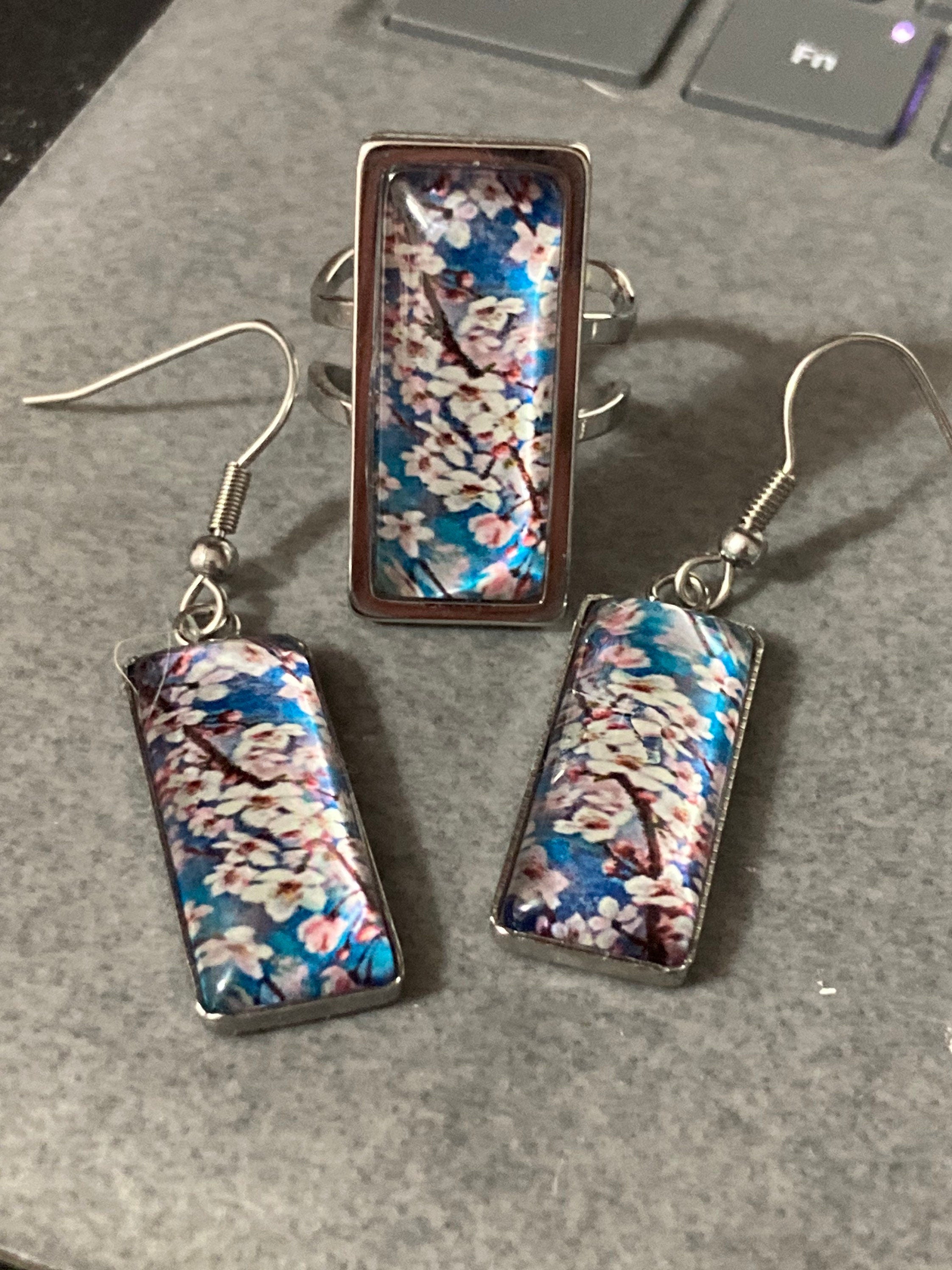 Stainless steel 4.5cm rectangular Japanese cherry blossom blue glass cabochon drop earrings
