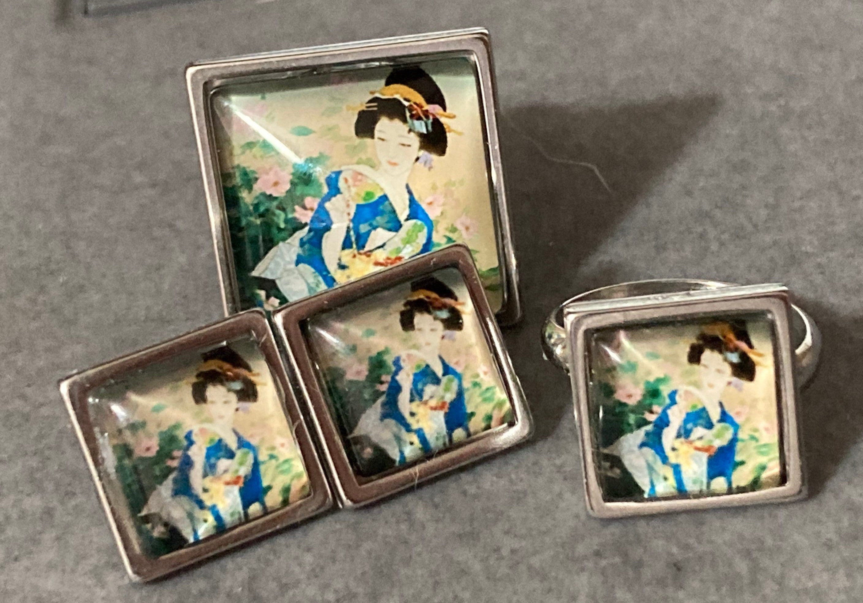 Stainless steel 4.5cm rectangular Japanese cherry blossom blue glass cabochon drop earrings