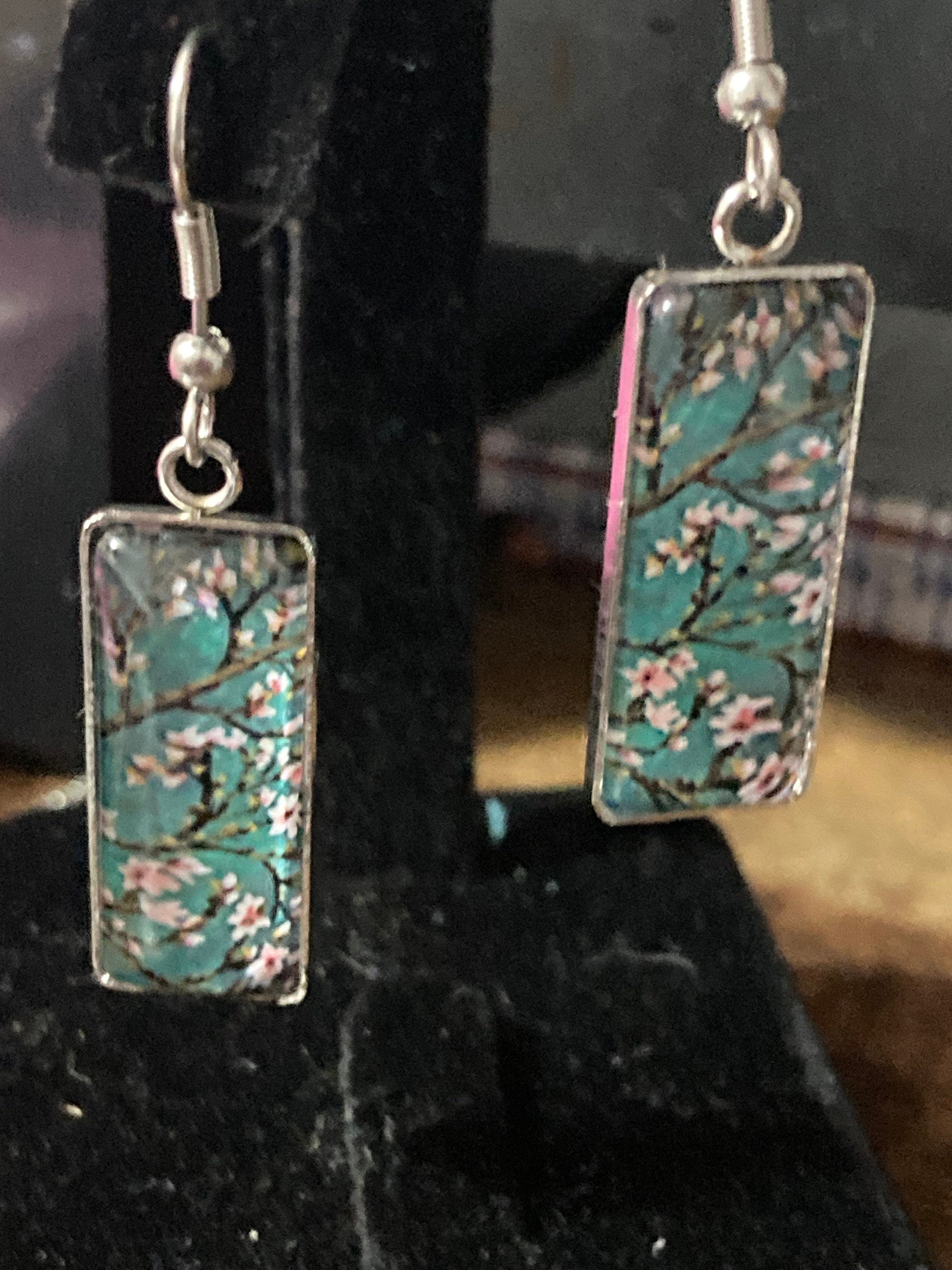 Japanese cherry blossom green glass cabochon dangly drop pair of earrings