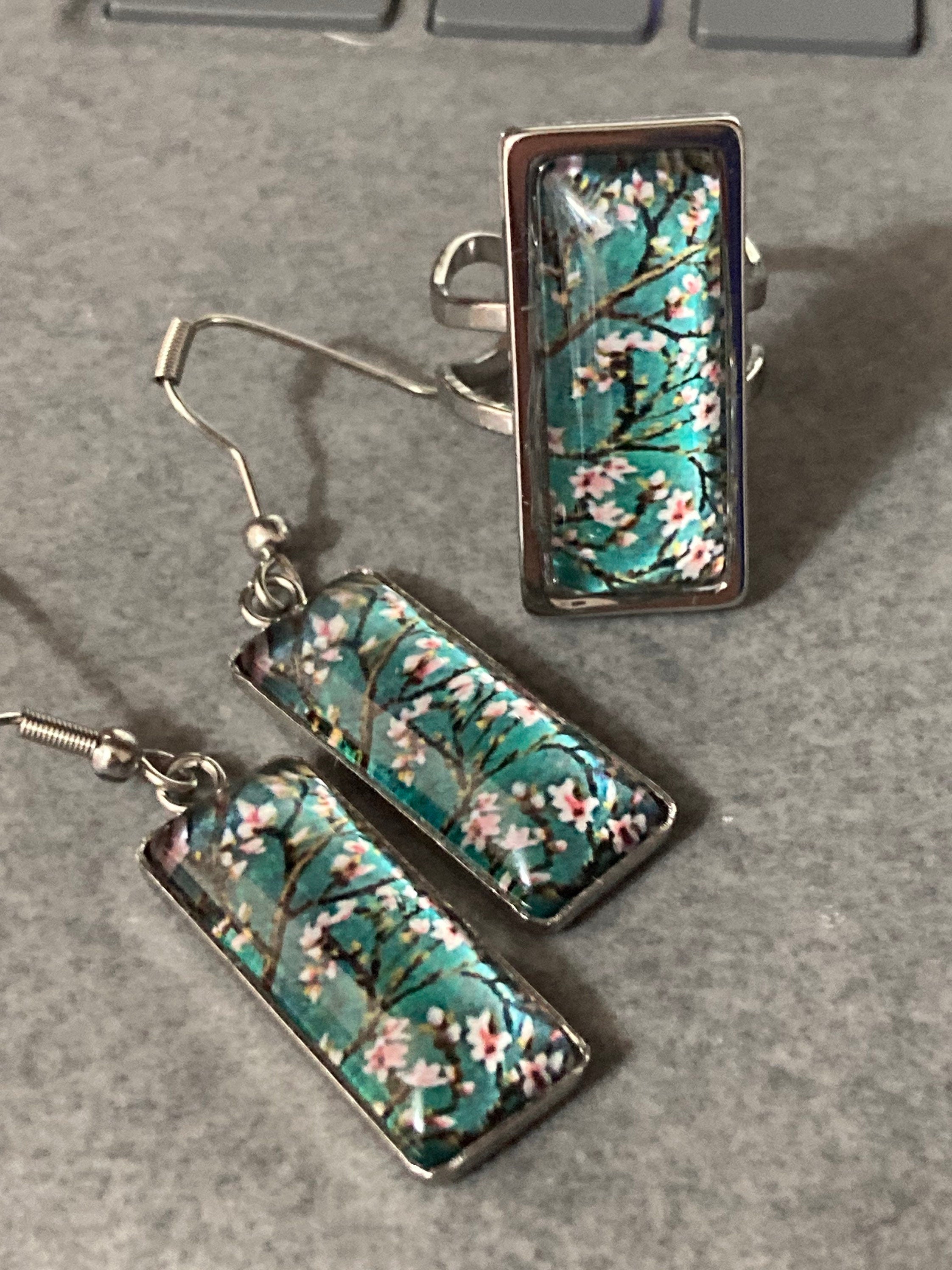 Japanese cherry blossom green glass cabochon dangly drop pair of earrings