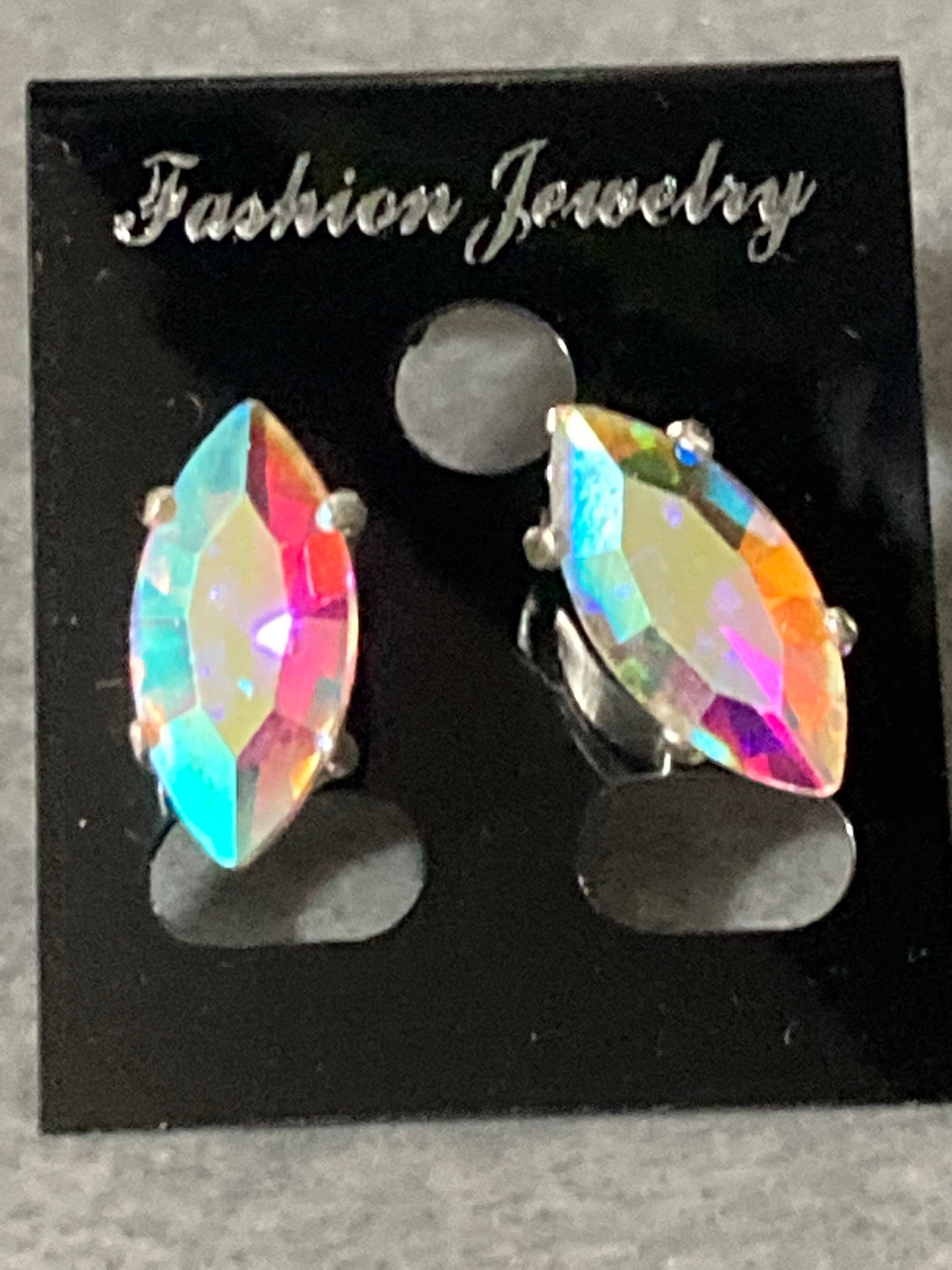AB Aurora borealis diamanté silver navette crystal earrings pierced