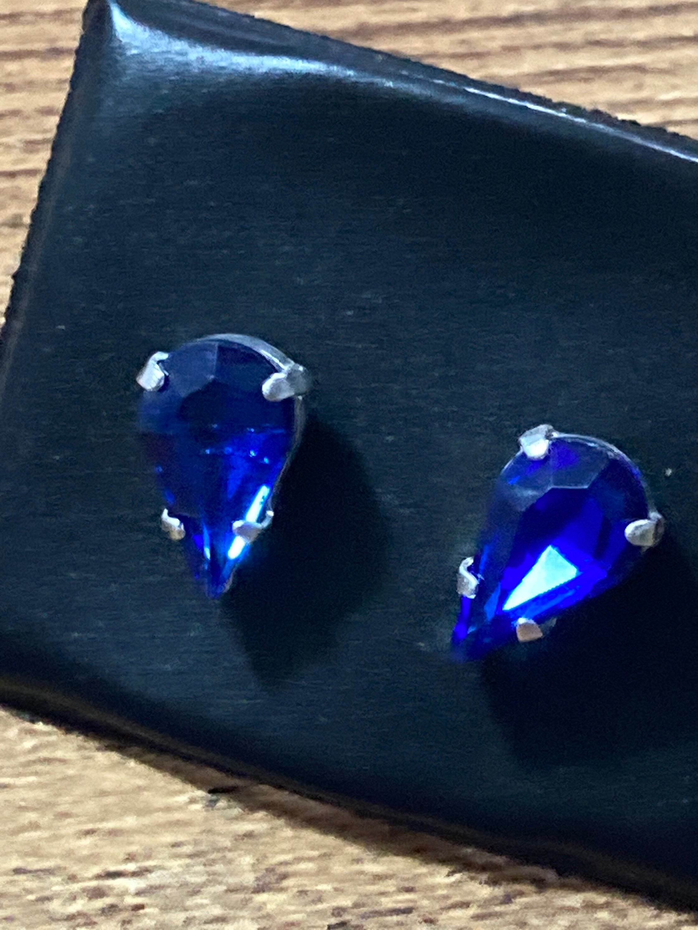 Sapphire Blue Crystal earrings rhinestone silver plated teardrop 15mm