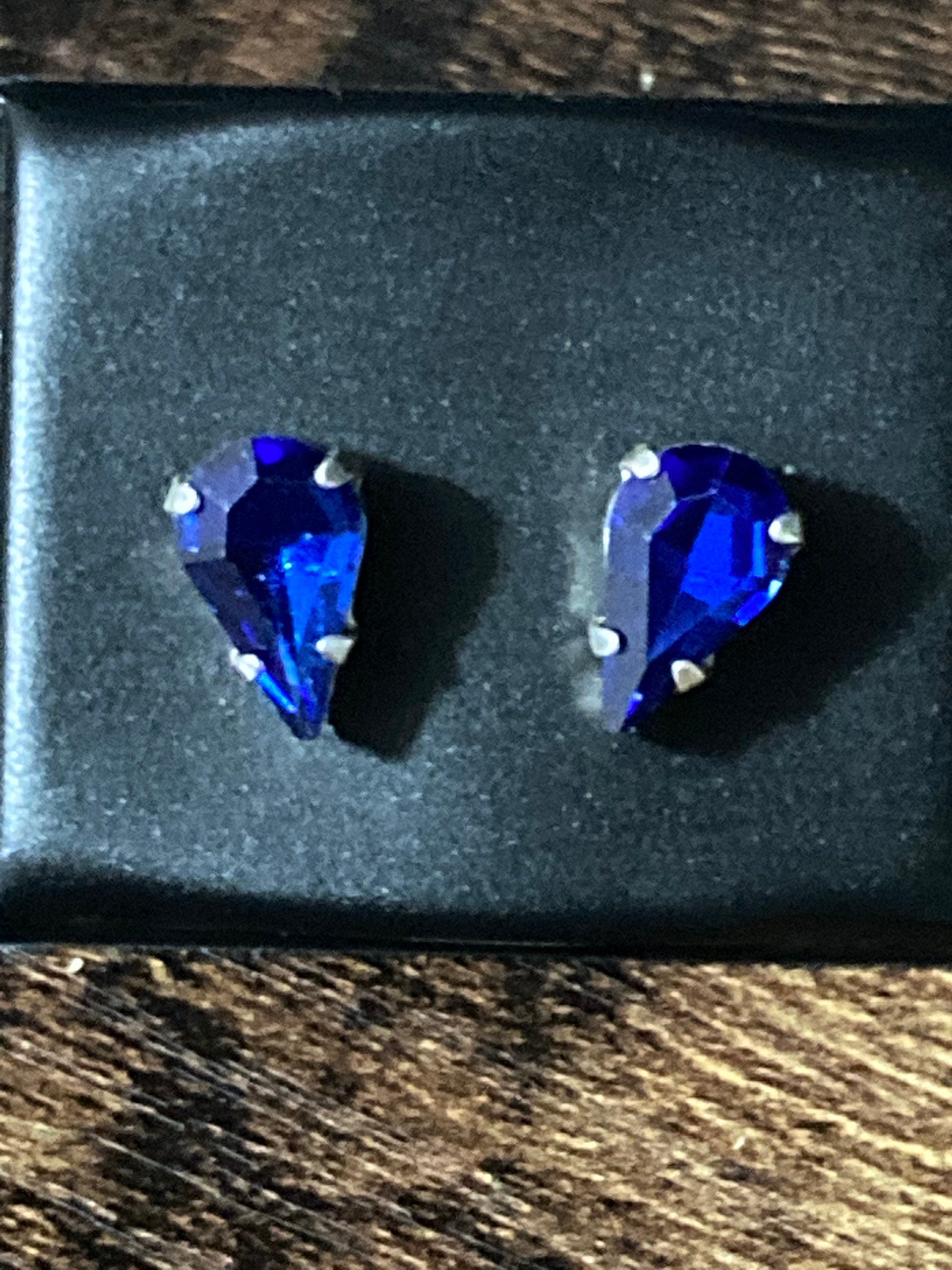 Sapphire Blue Crystal earrings rhinestone silver plated teardrop 15mm