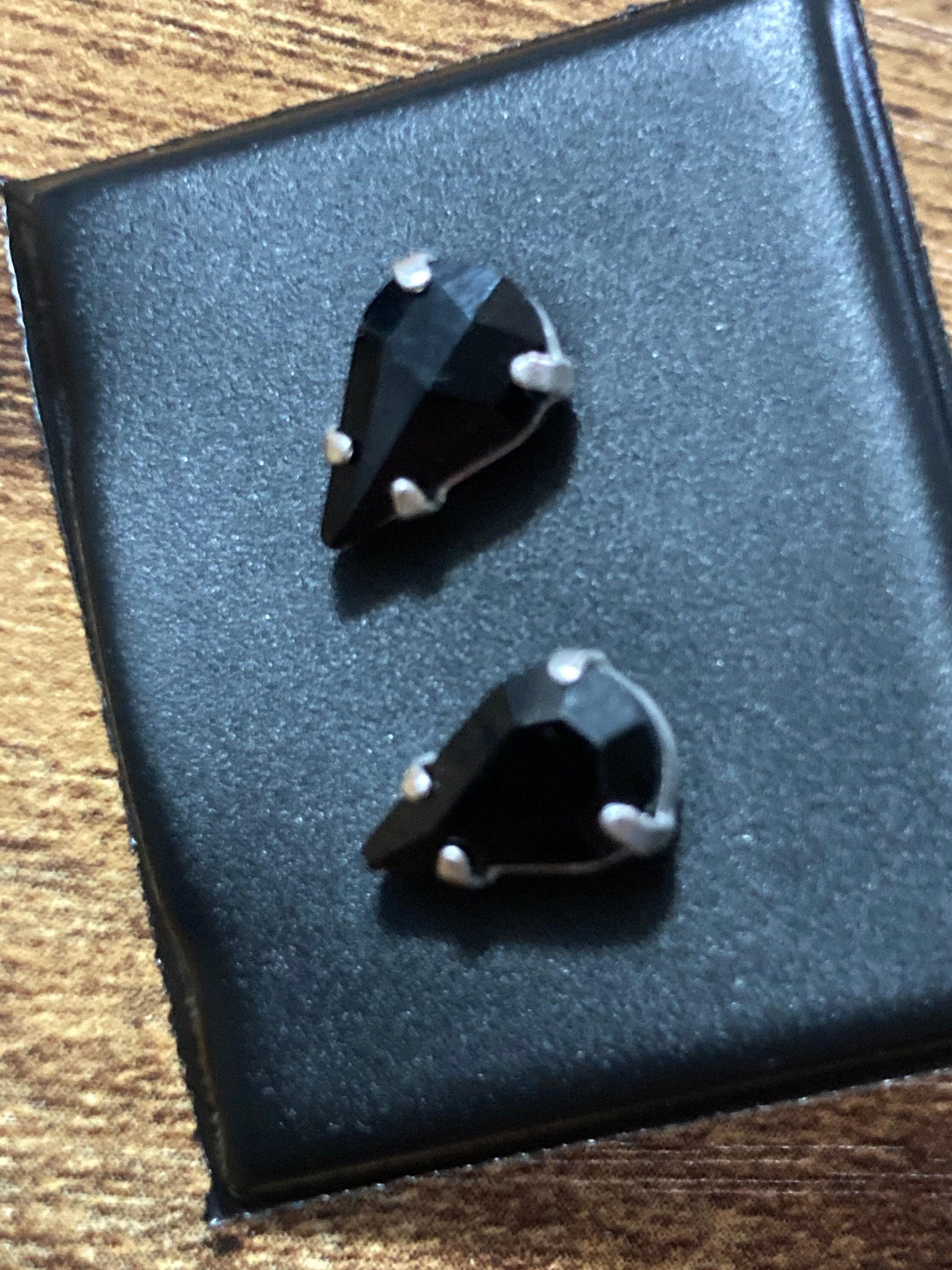 Black glass silver teardrop crystal earrings pierced 15mm