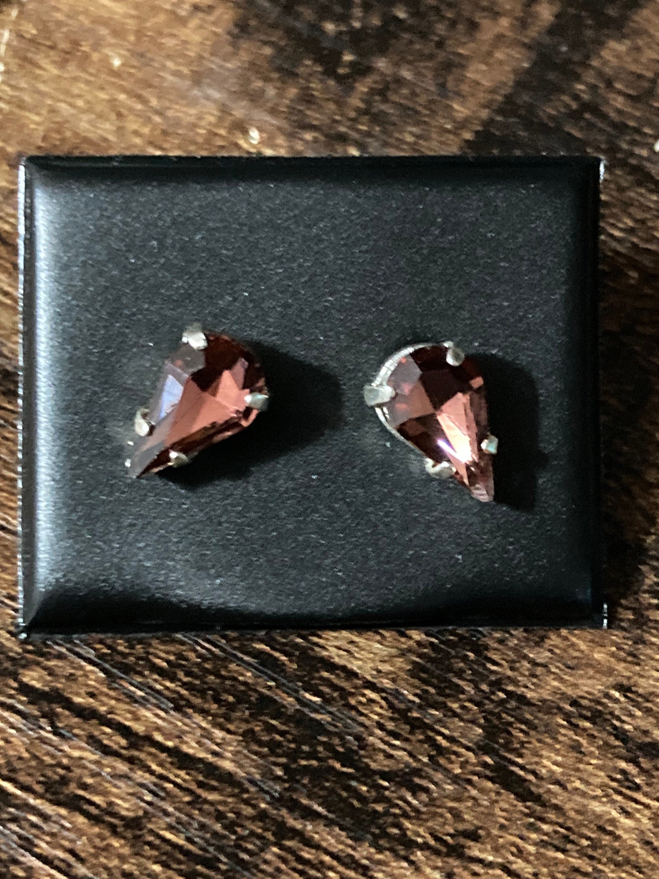 Amethyst purple glass rhinestone teardrop earrings pierced 15mm