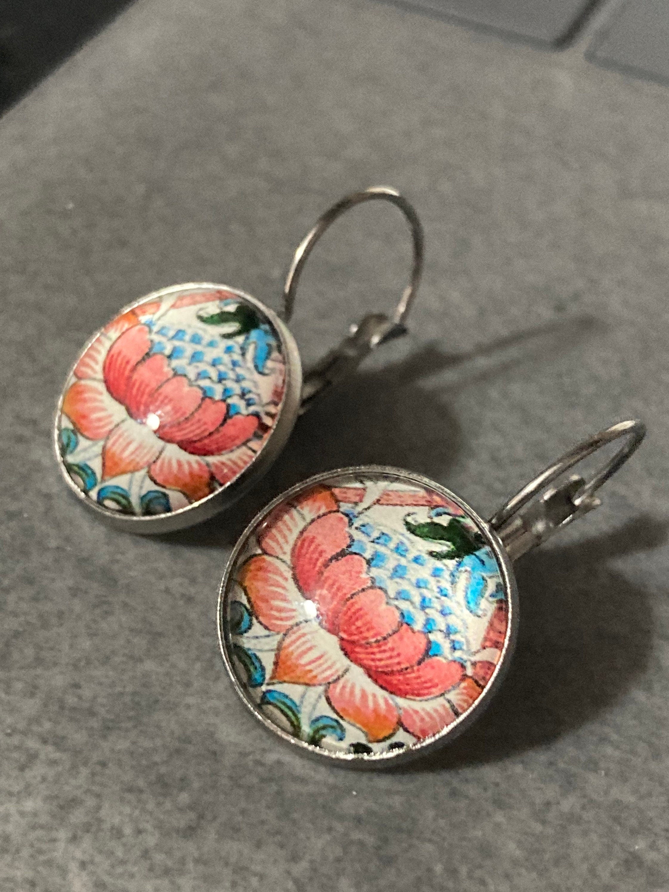 William Morris orange print earrings round glass cabochon 3cm silver plated