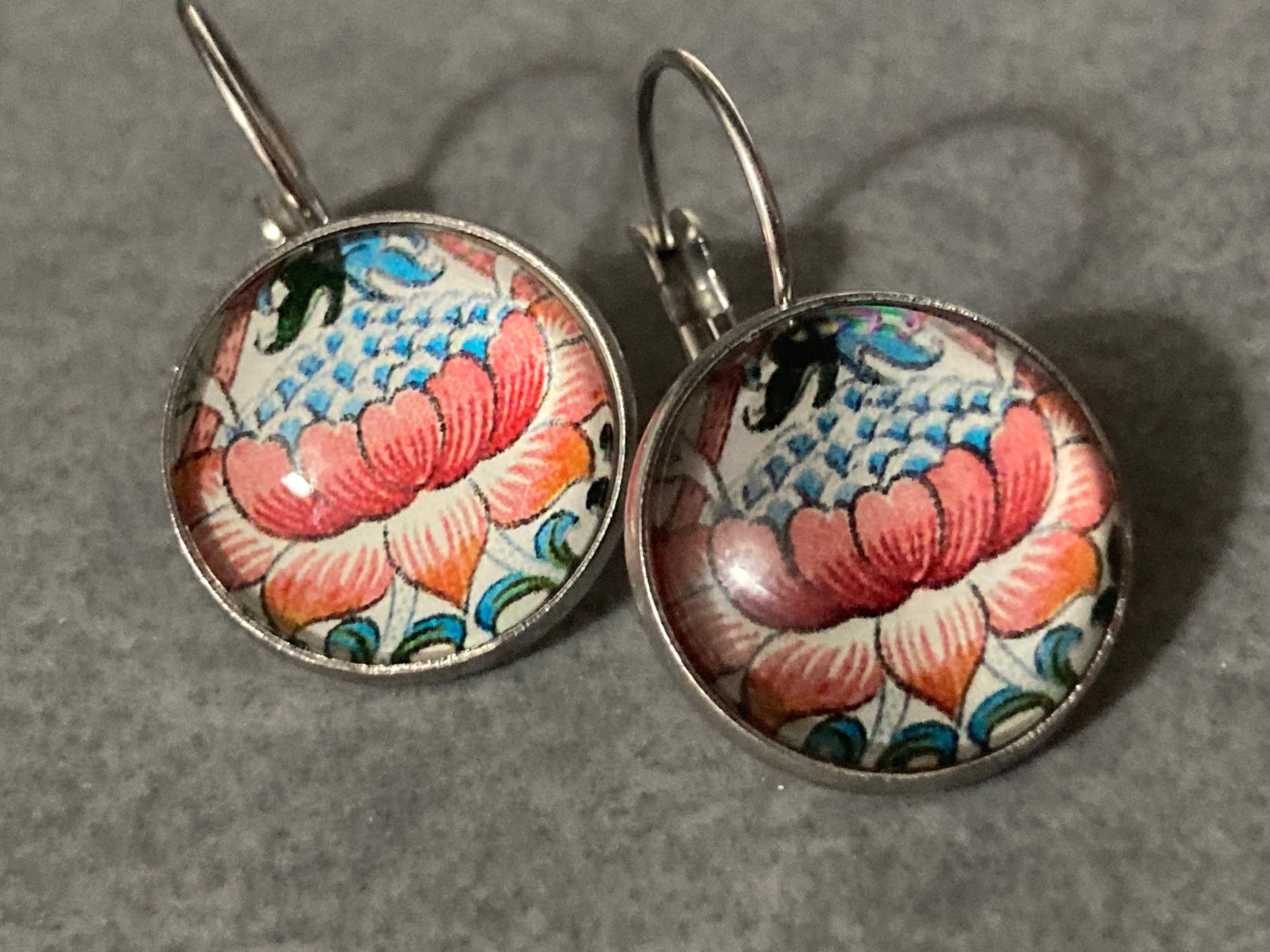 William Morris orange print earrings round glass cabochon 3cm silver plated