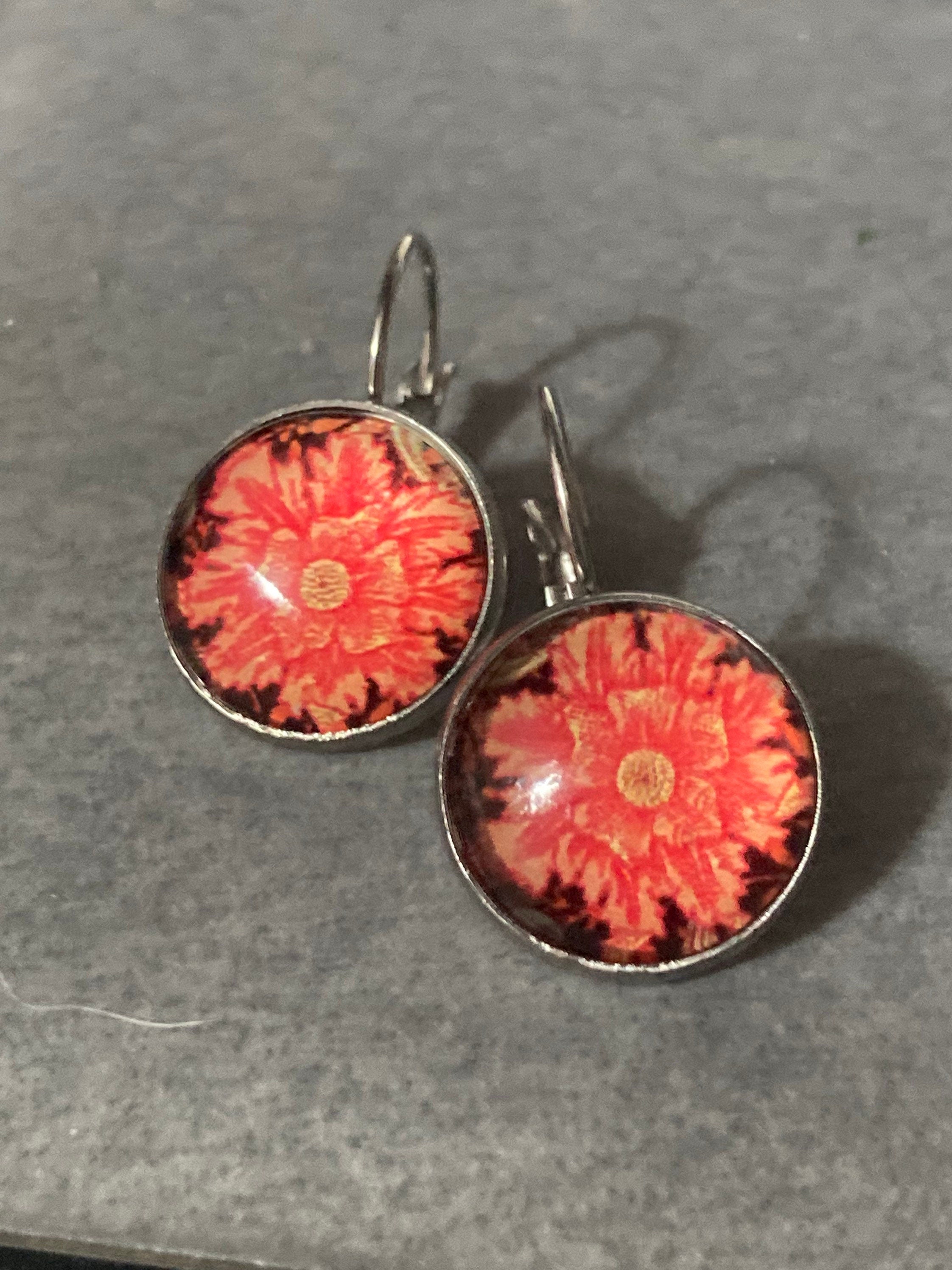 William Morris orange print earrings round glass cabochon 3cm dangly silver plated