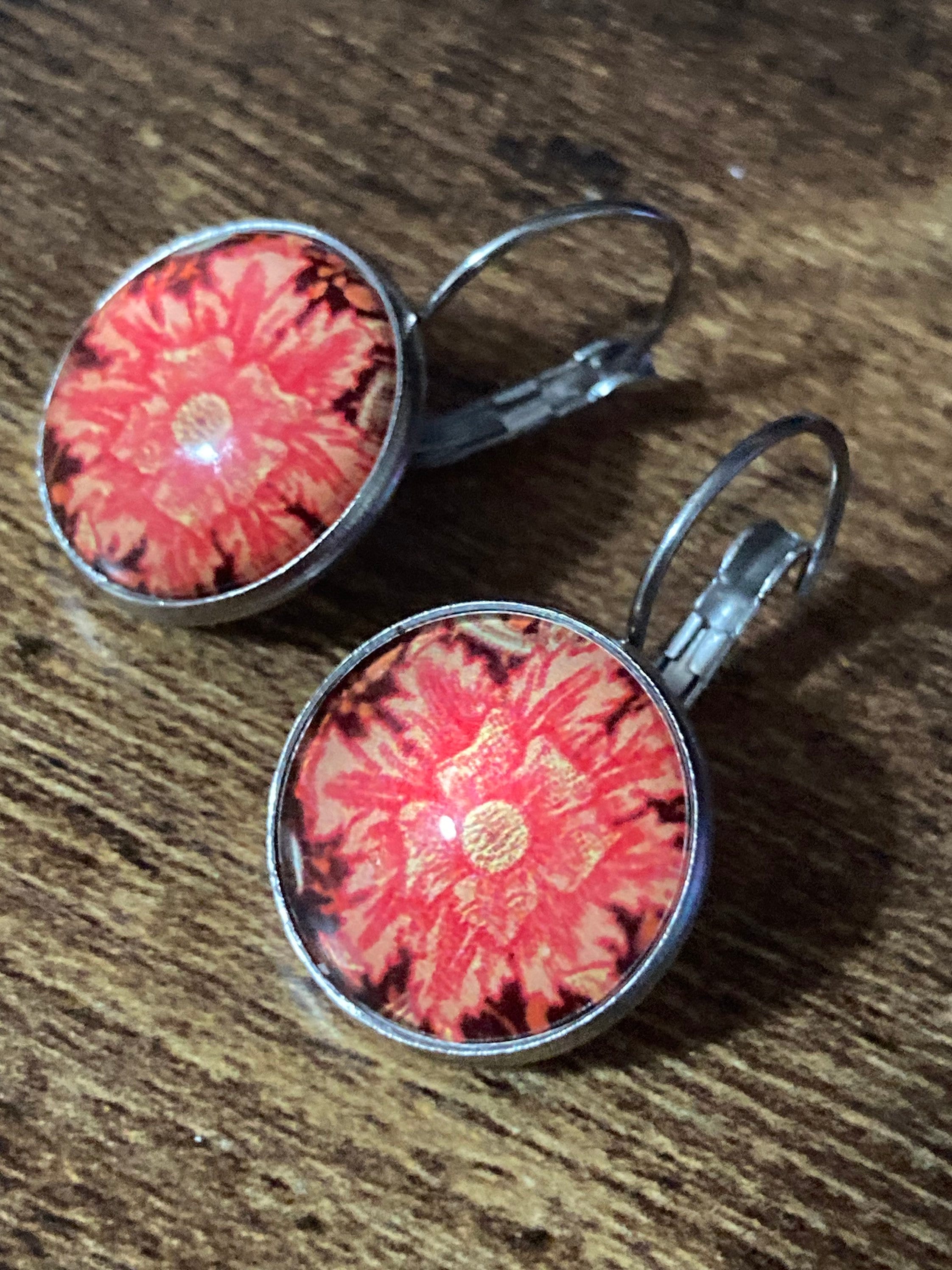William Morris orange print earrings round glass cabochon 3cm dangly silver plated
