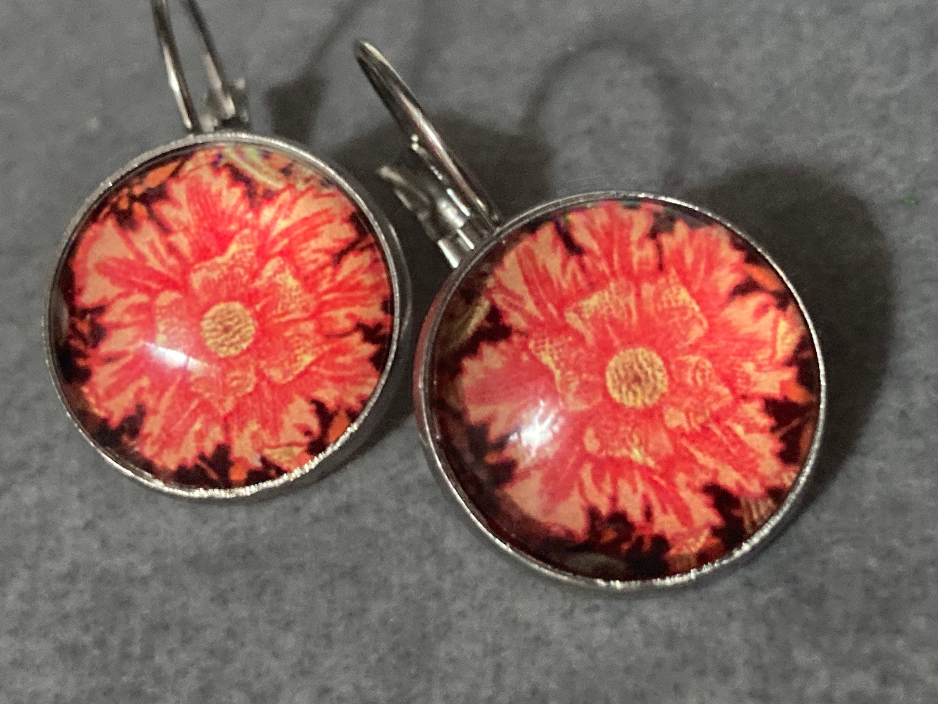 William Morris orange print earrings round glass cabochon 3cm dangly silver plated