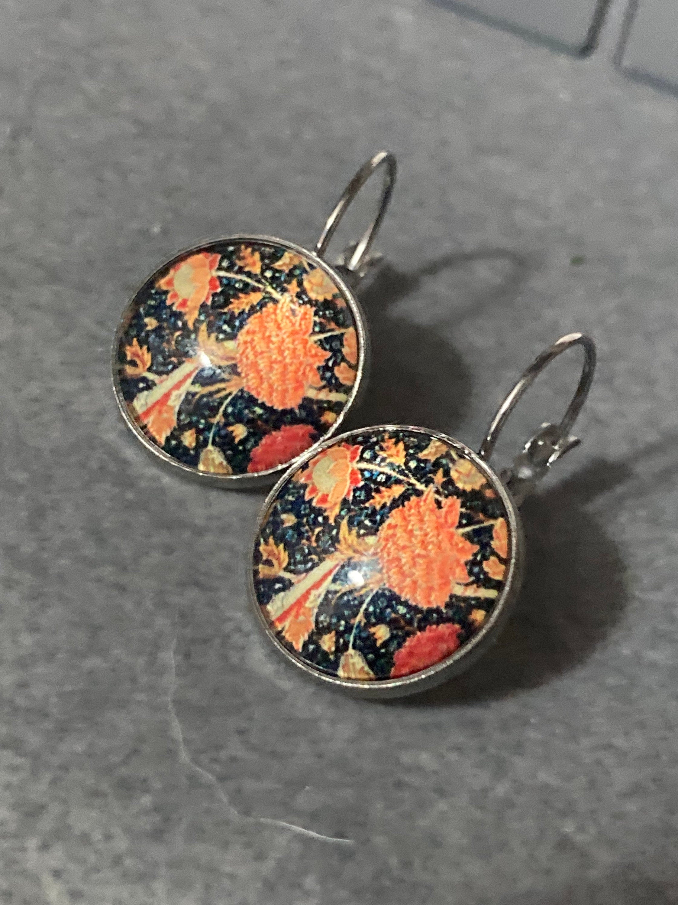 William Morris orange black print earrings 18mm round glass cabochon drop