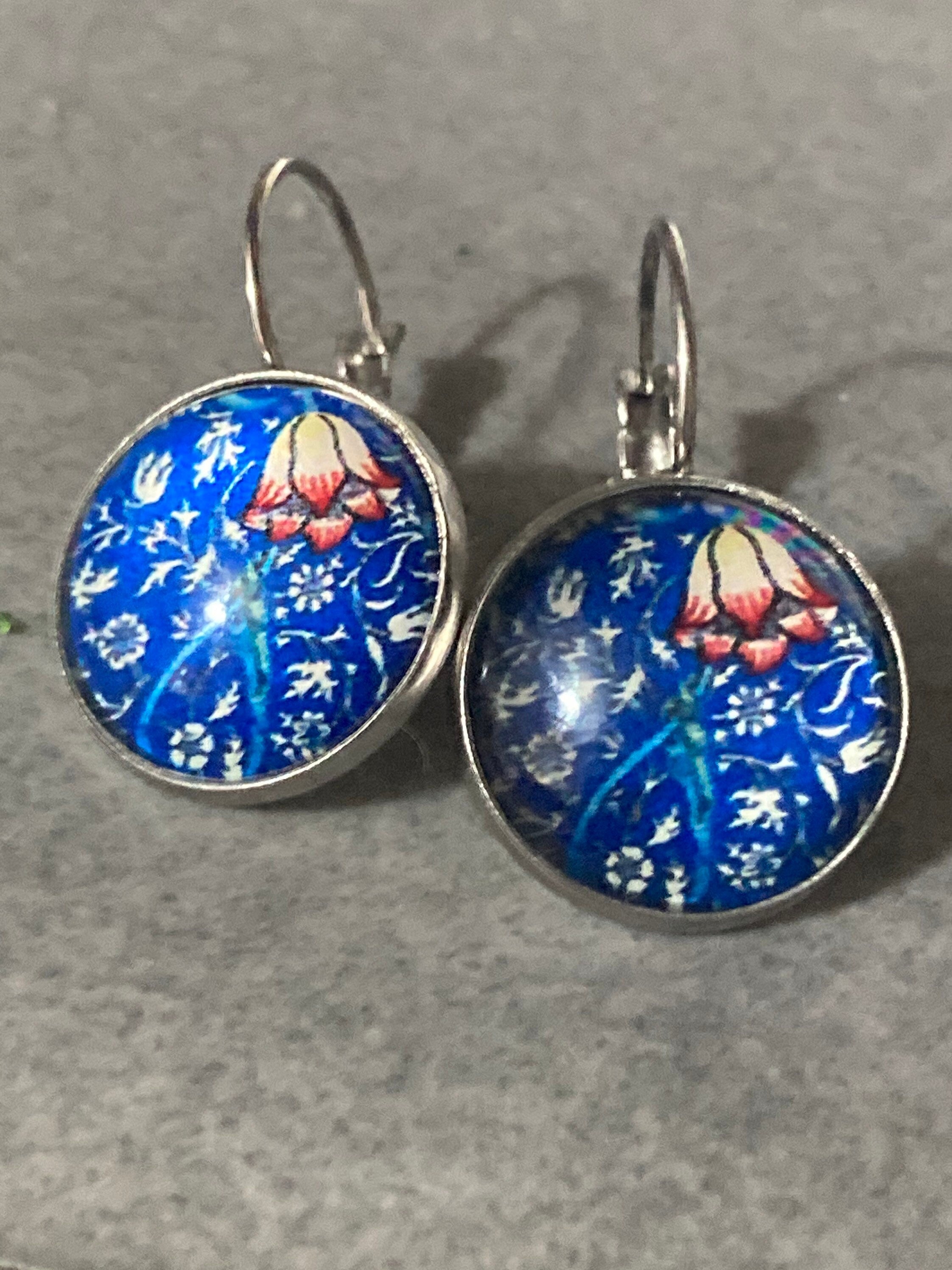 William Morris blue print earrings round glass cabochon 3cm drops