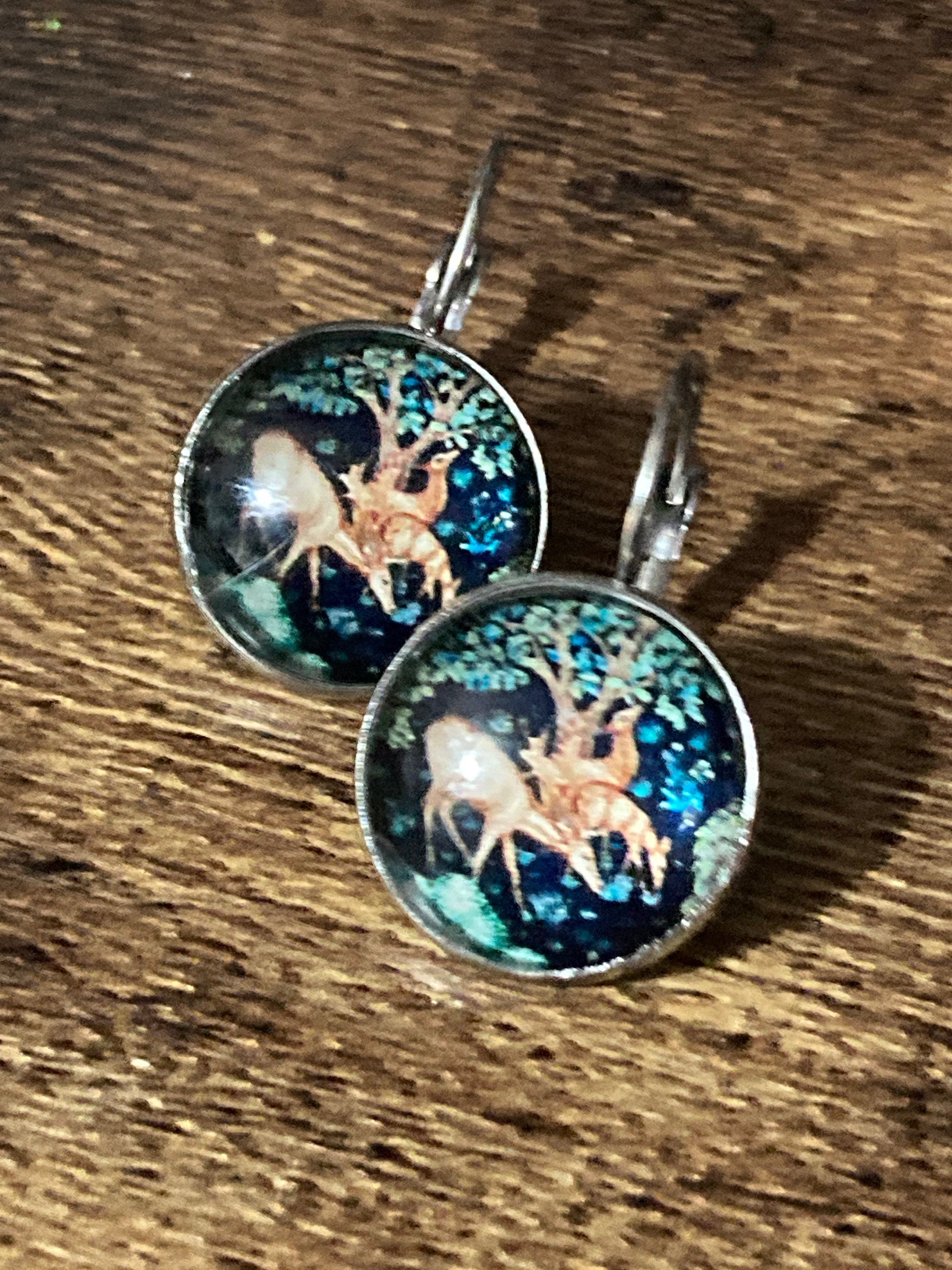 William Morris print earrings round glass cabochon 3cm drops black