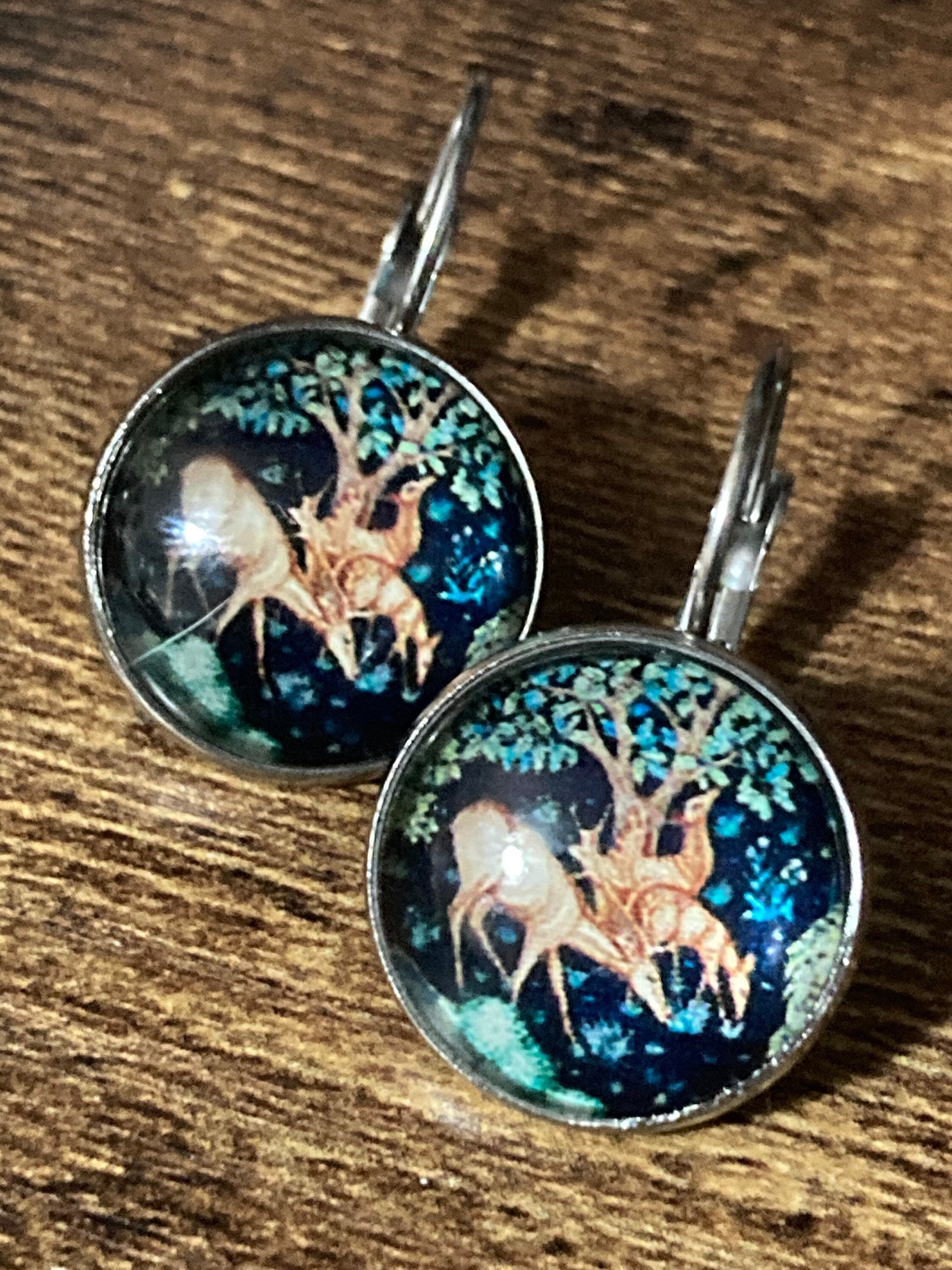 William Morris print earrings round glass cabochon 3cm drops black