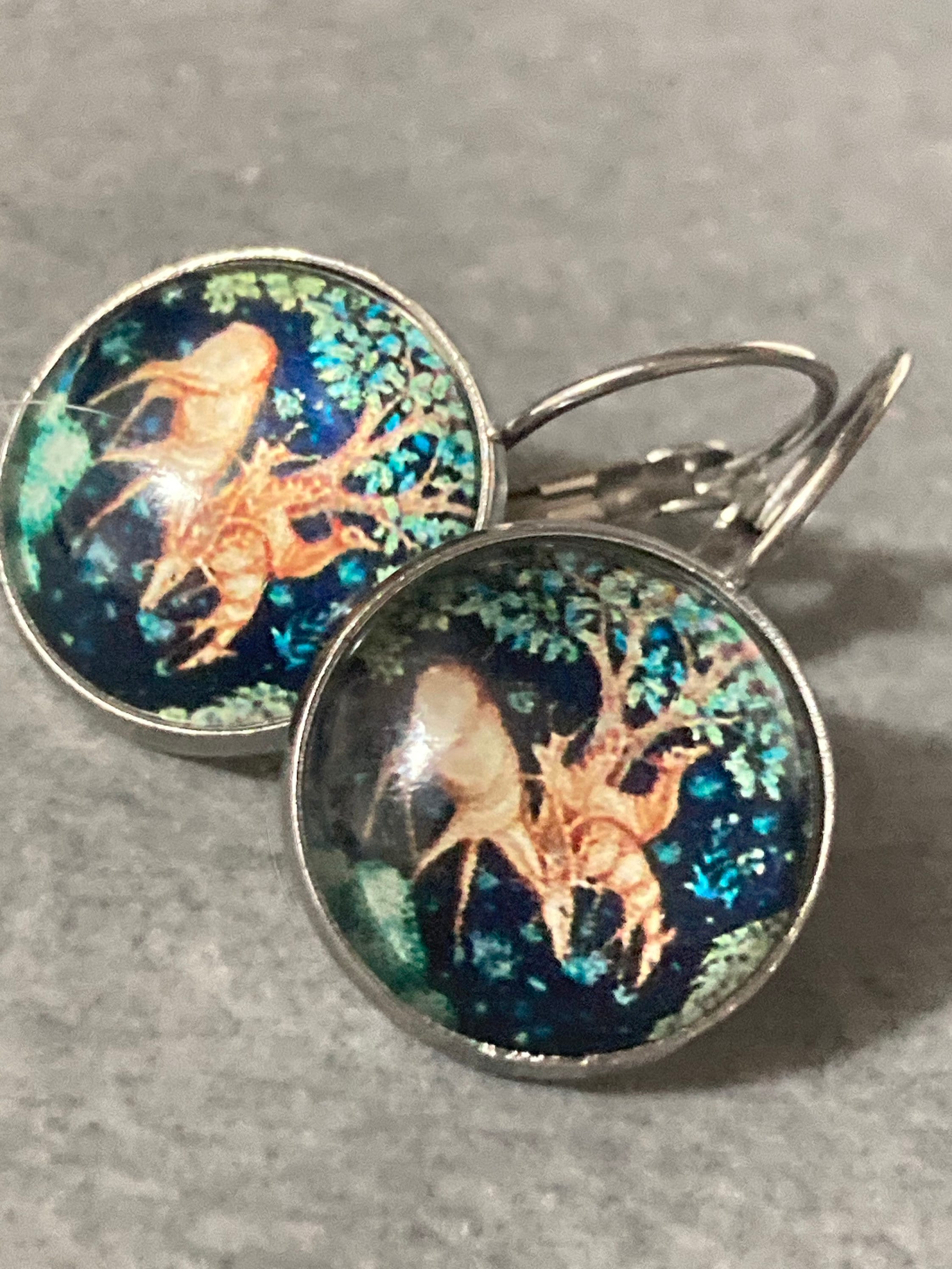 William Morris print earrings round glass cabochon 3cm drops black