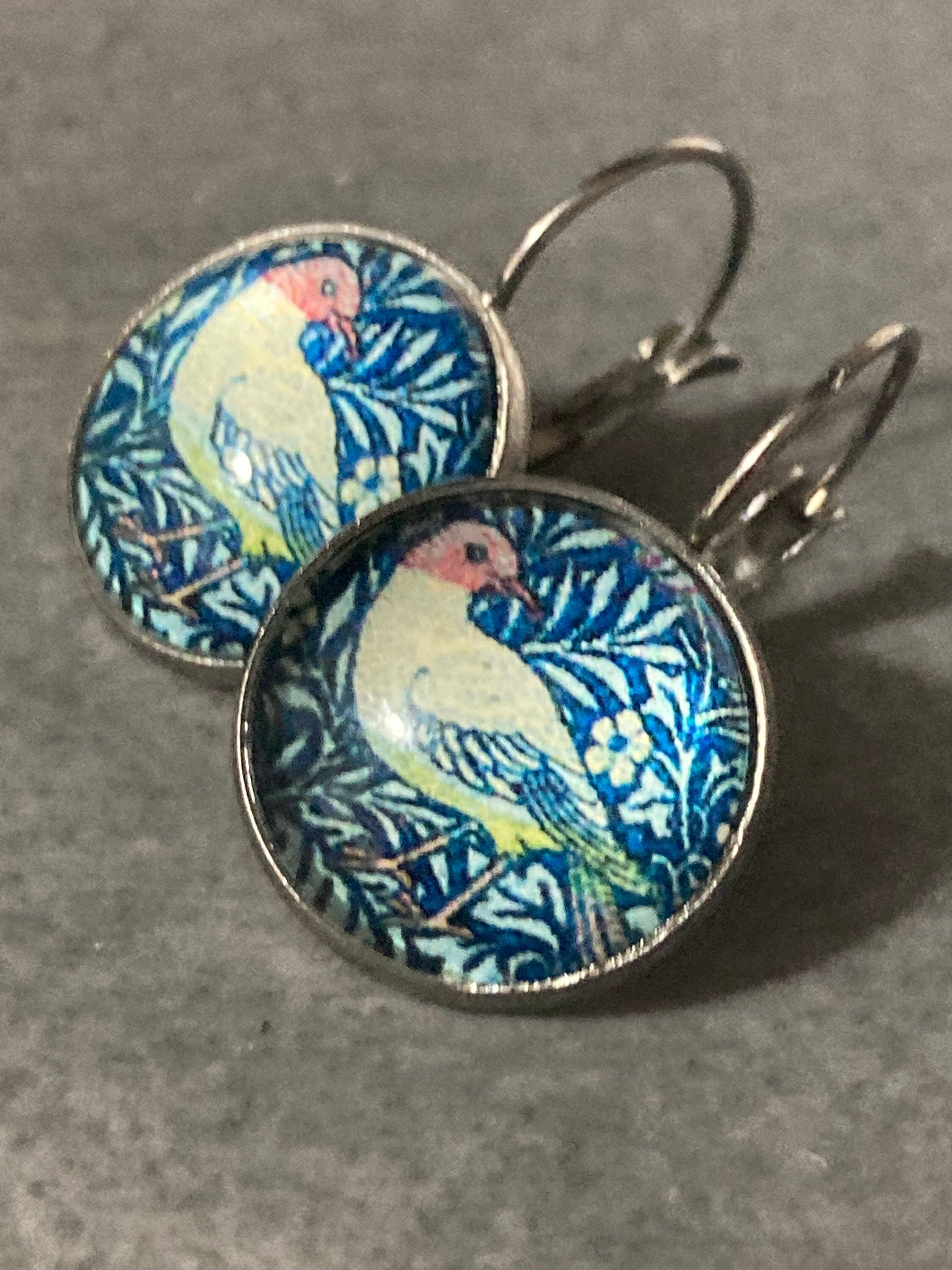 William Morris earrings round glass cabochon green bird in a bush