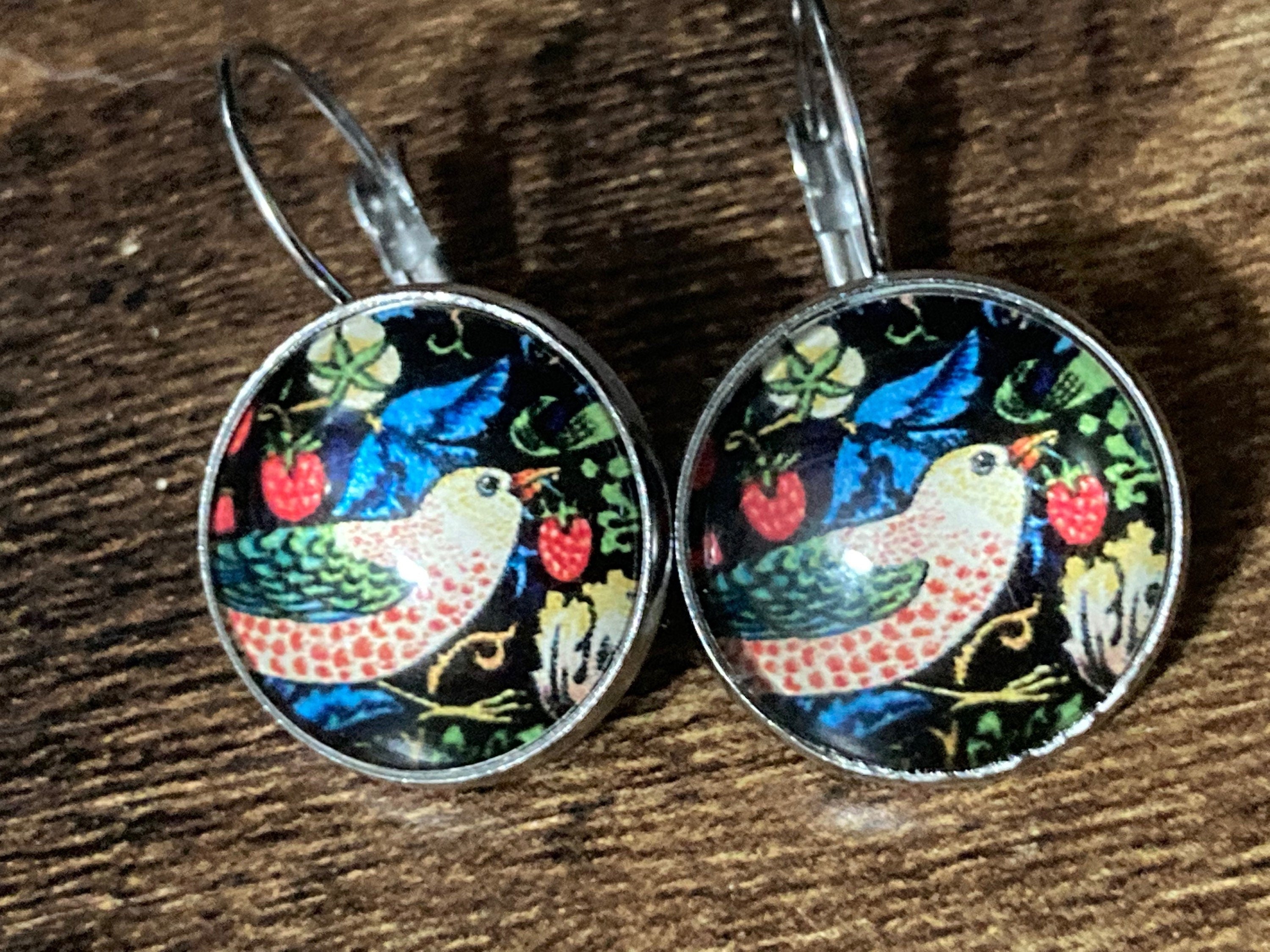 William Morris earrings, strawberry thief design with glass cabochons