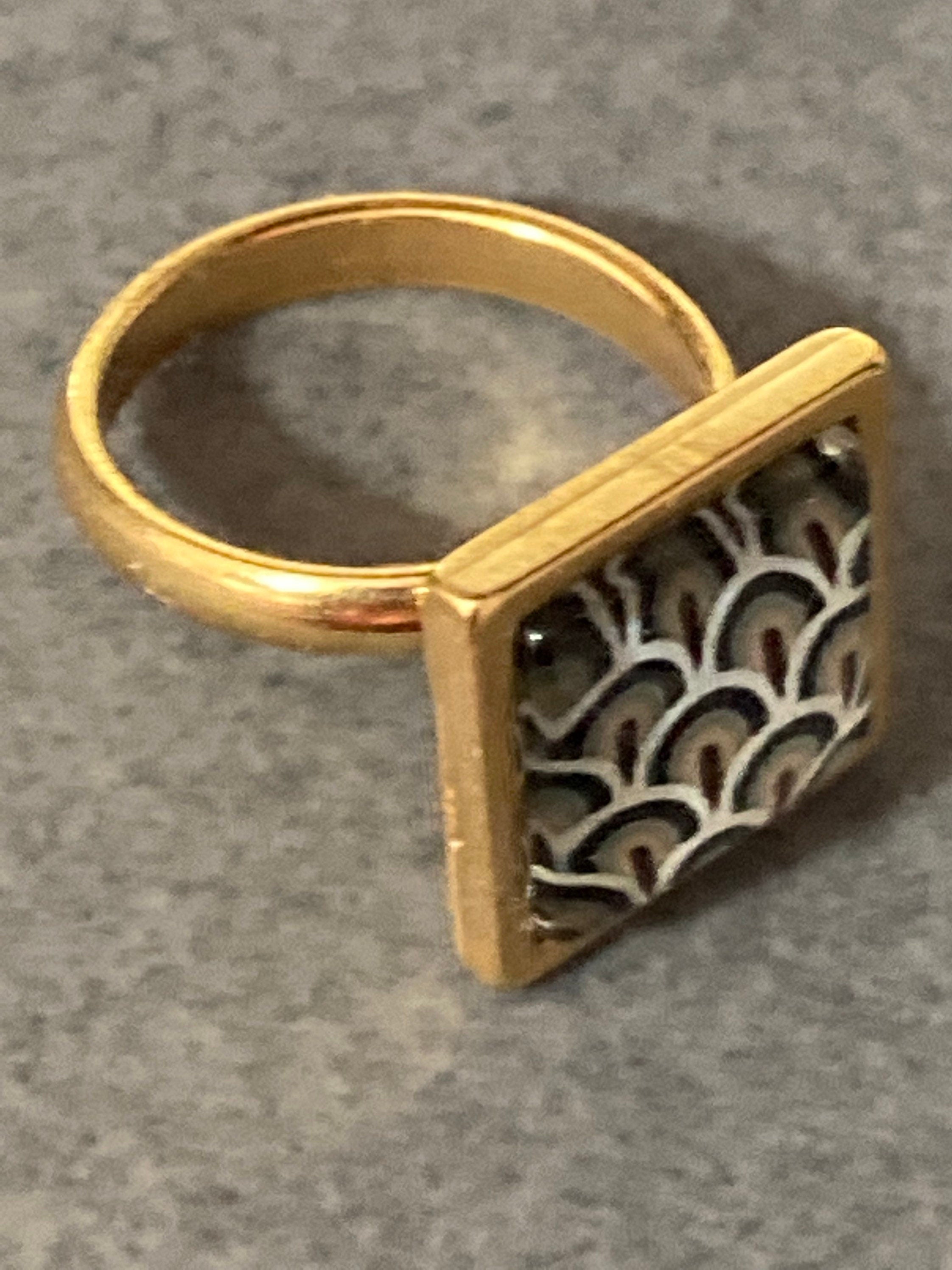 Art Deco Ring: Handmade Gold Tone Adjustable Geometric Cabochon