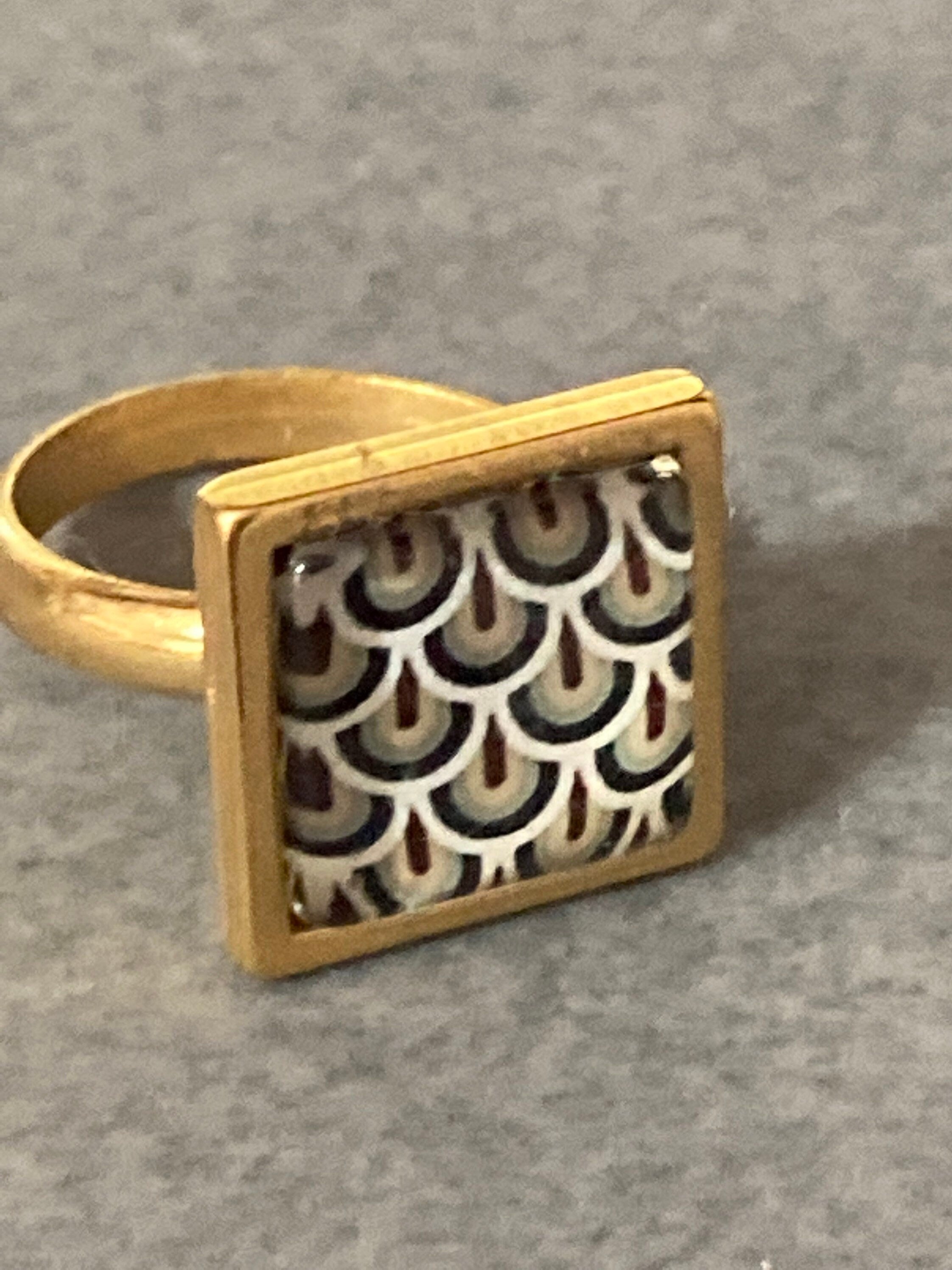 Art Deco Ring: Handmade Gold Tone Adjustable Geometric Cabochon
