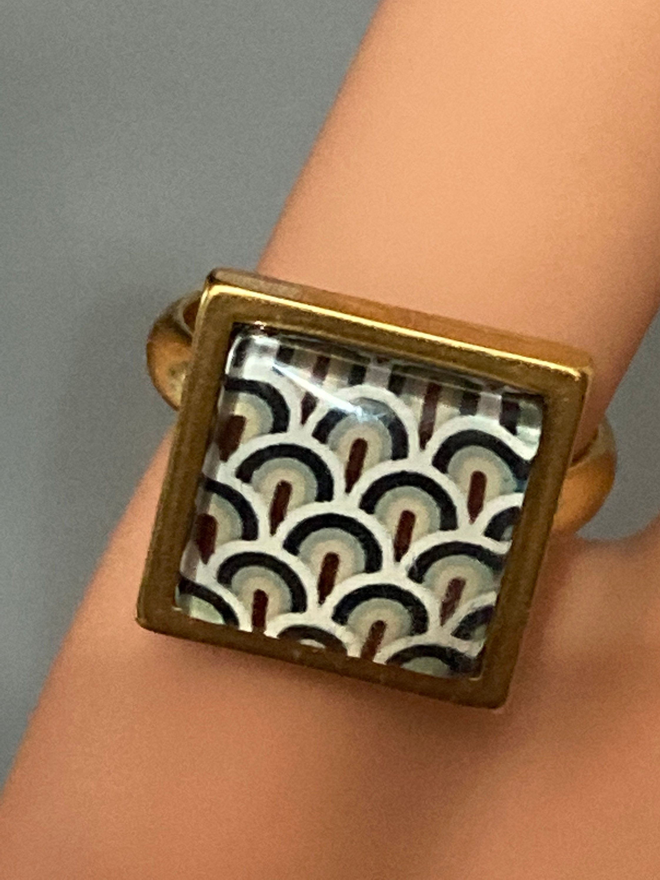 Art Deco Ring: Handmade Gold Tone Adjustable Geometric Cabochon