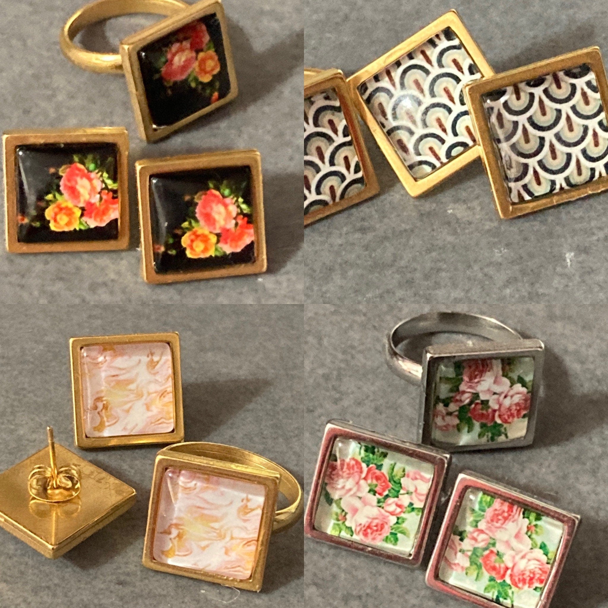 Pink and gold marble stud earrings gold tone 14mm square glass cabochon