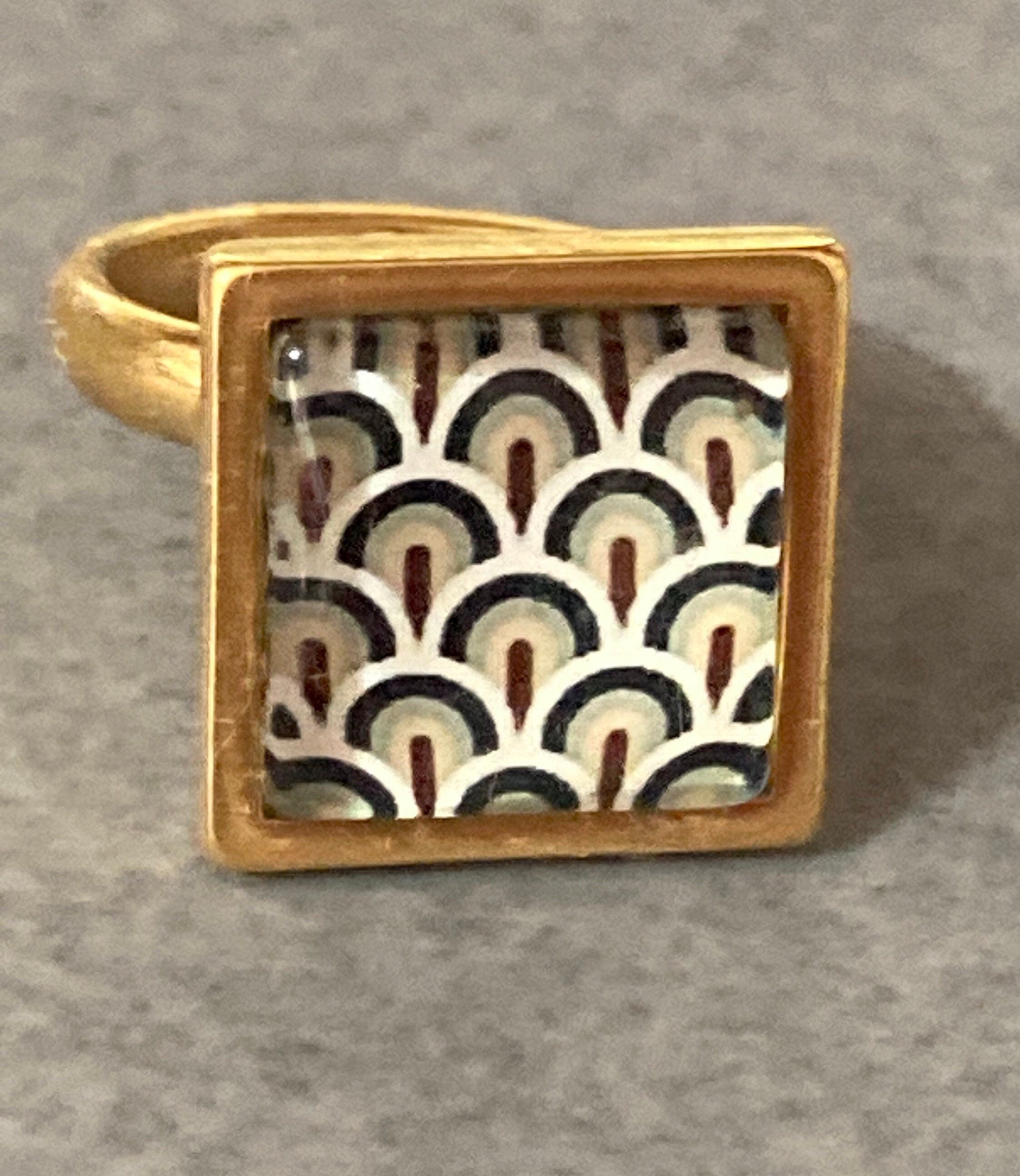 Art Deco Ring: Handmade Gold Tone Adjustable Geometric Cabochon