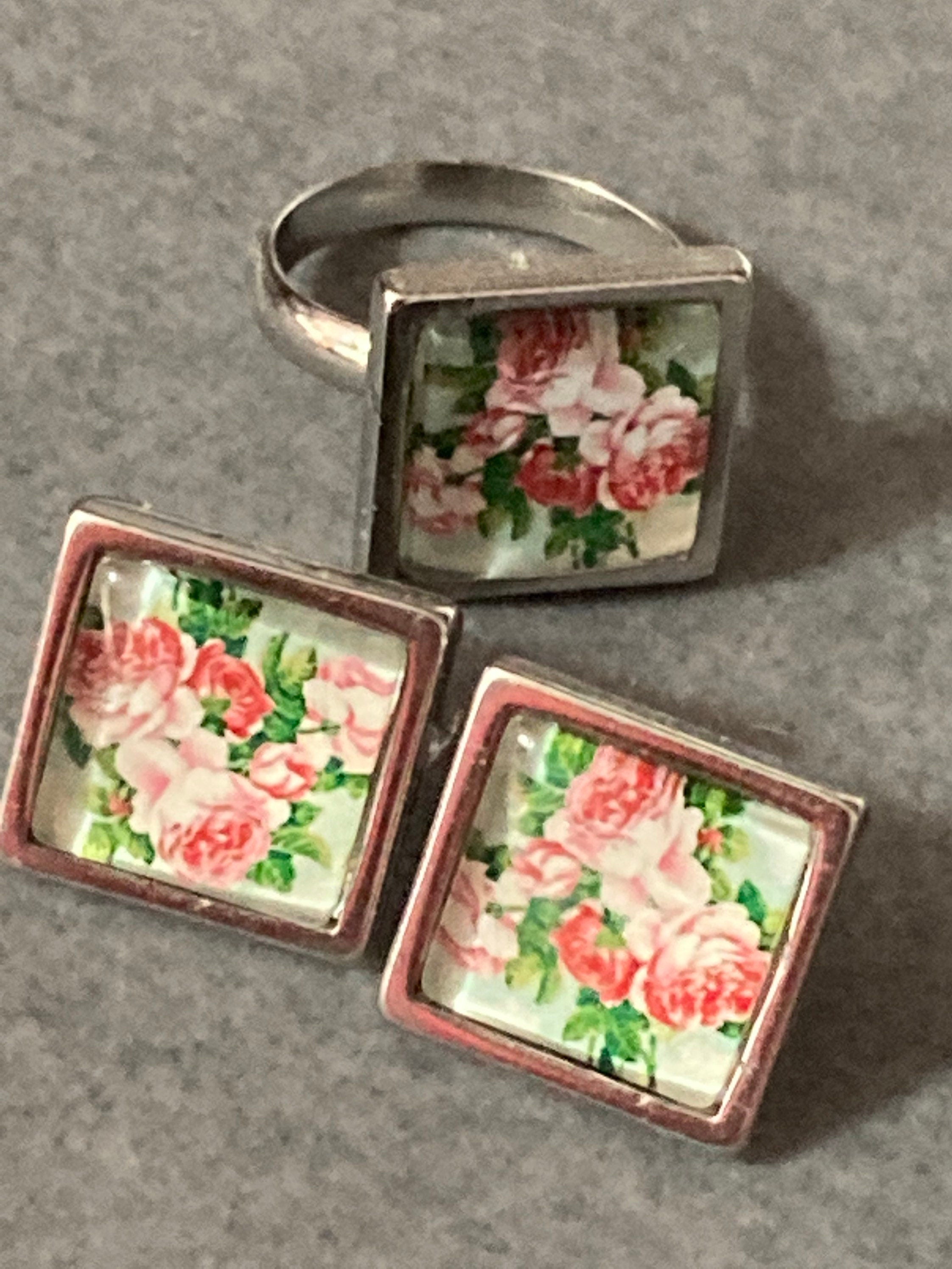 Garden roses glass dress ring 14mm square pink green floral glass cabochon handmade silver tone adjustable