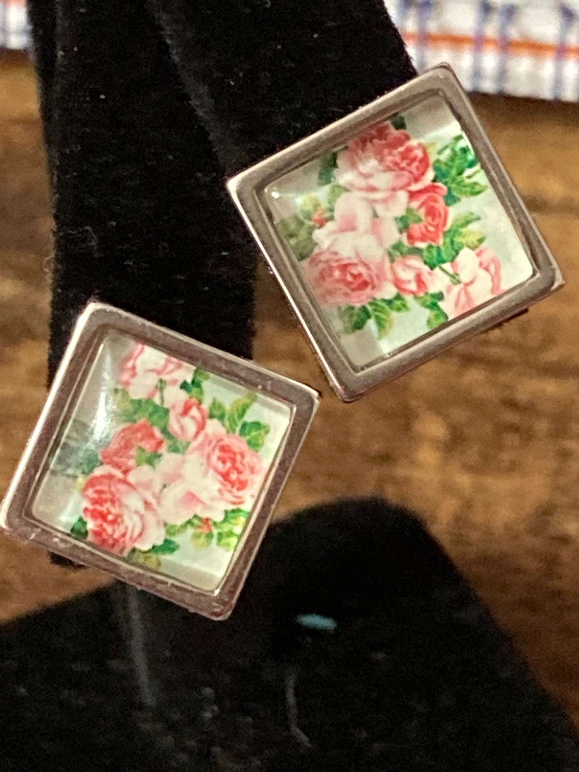 Garden roses square floral cabochon stud earrings pierced silver tone 14mm