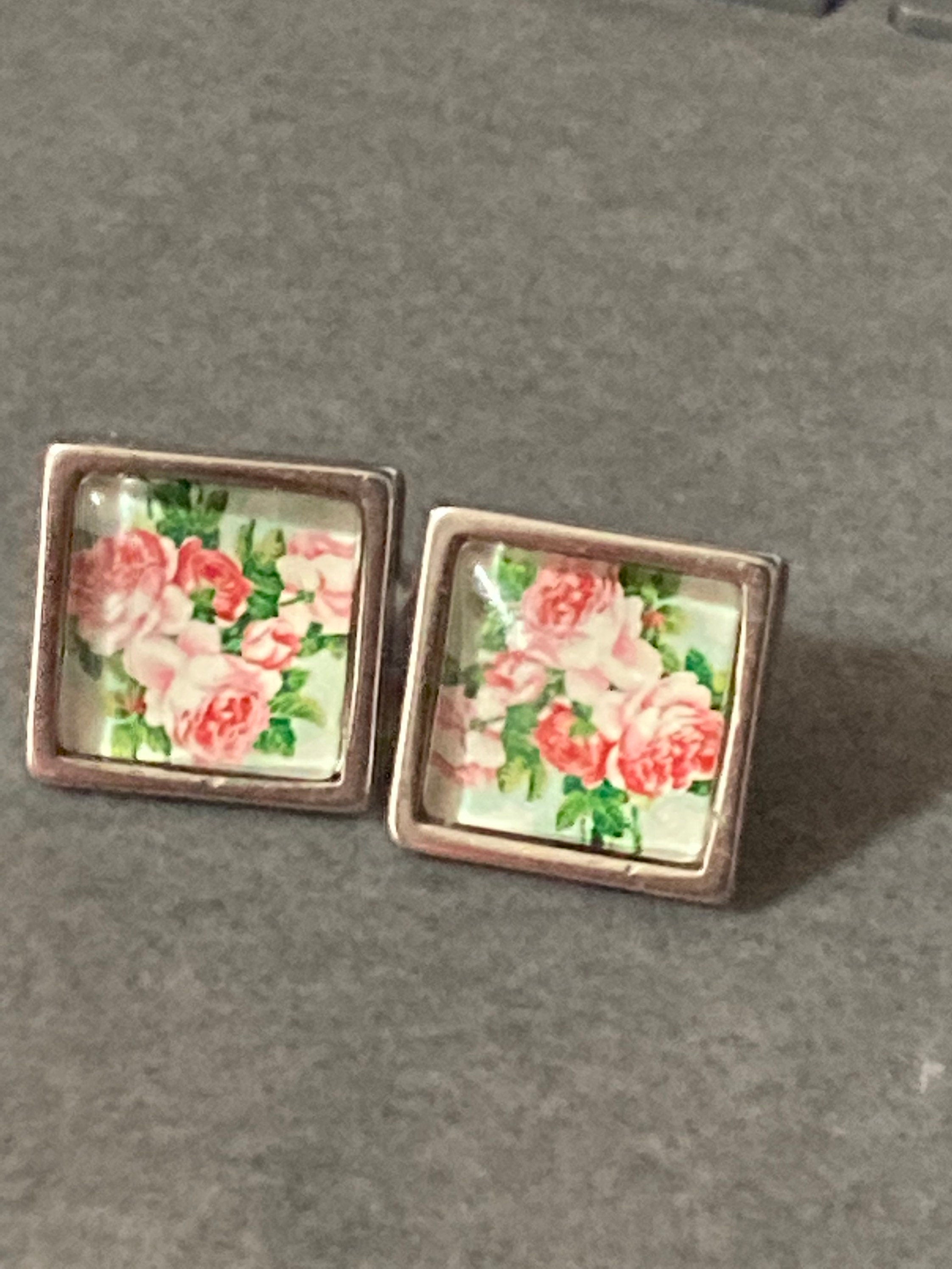 Garden roses square floral cabochon stud earrings pierced silver tone 14mm