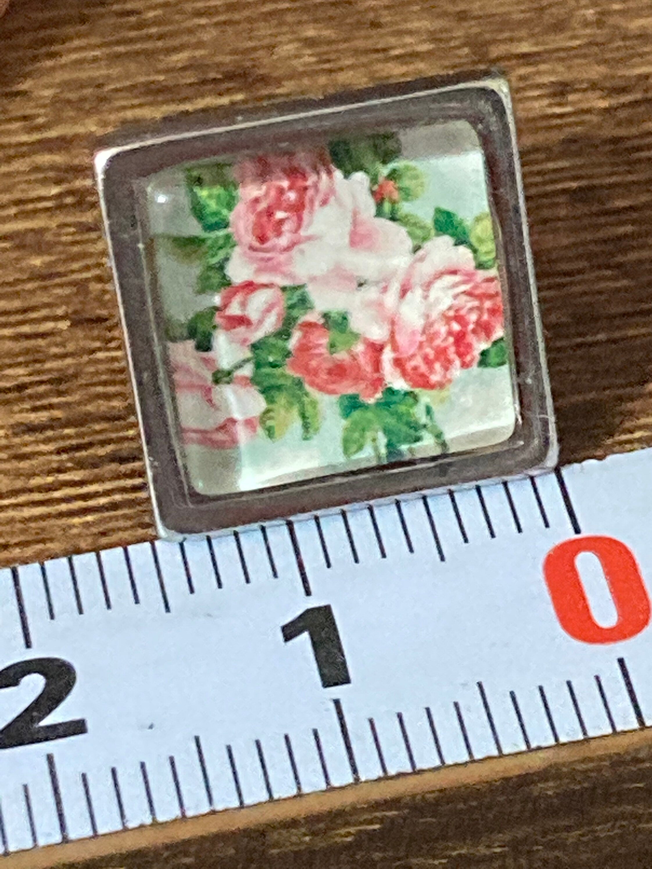 Garden roses square floral cabochon stud earrings pierced silver tone 14mm