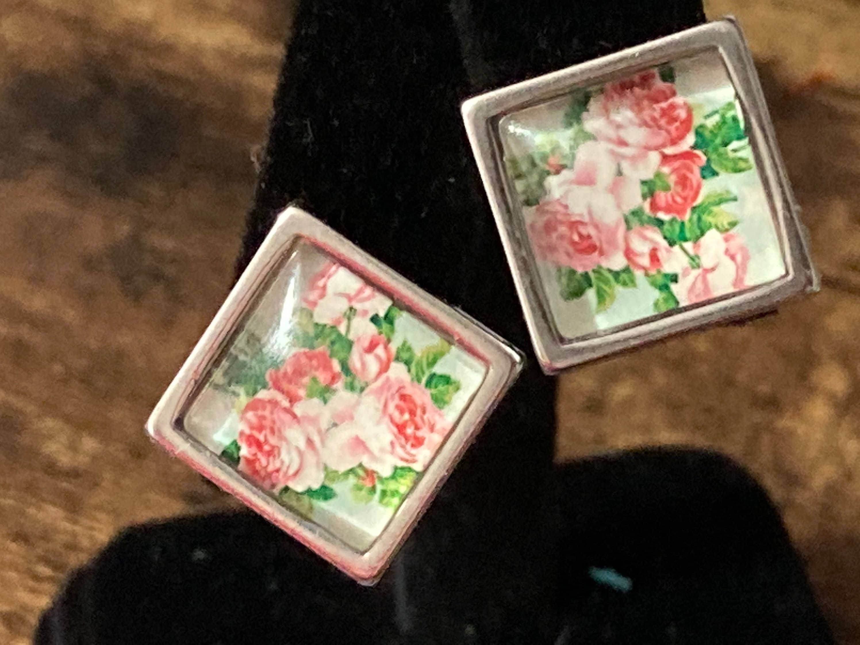 Garden roses square floral cabochon stud earrings pierced silver tone 14mm