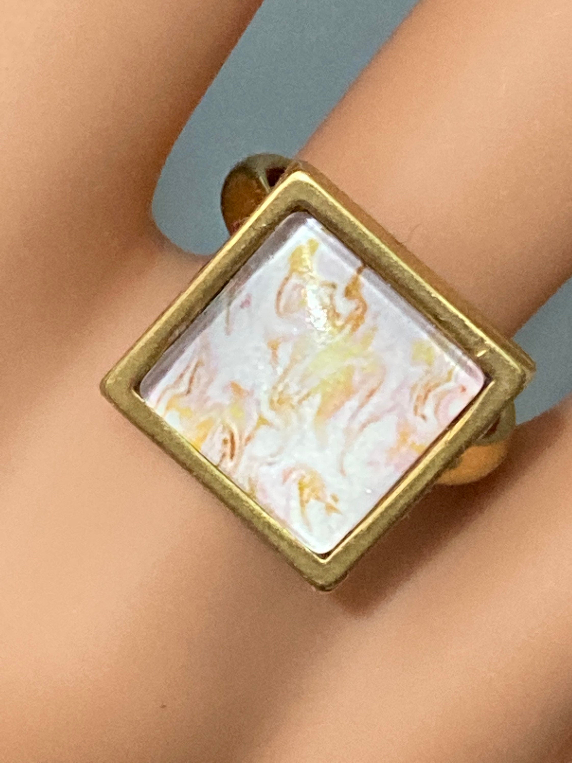 Handmade Pink Marble Dress Ring: Gold Tone Adjustable Square Cabochon