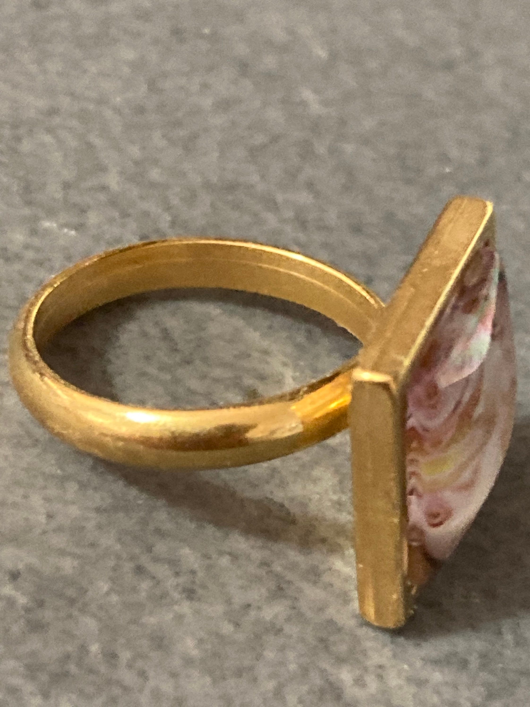 Handmade Pink Marble Dress Ring: Gold Tone Adjustable Square Cabochon