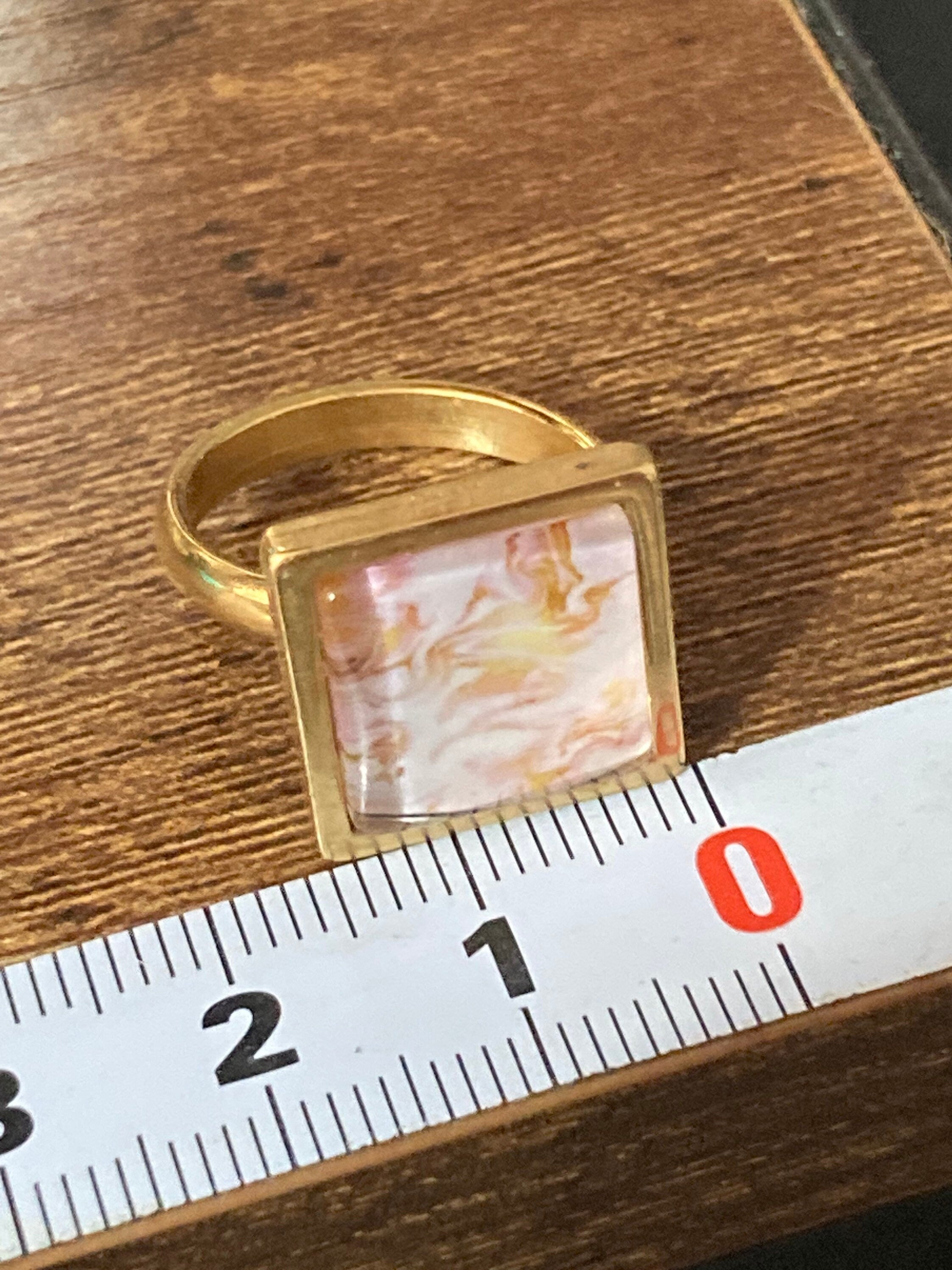 Handmade Pink Marble Dress Ring: Gold Tone Adjustable Square Cabochon