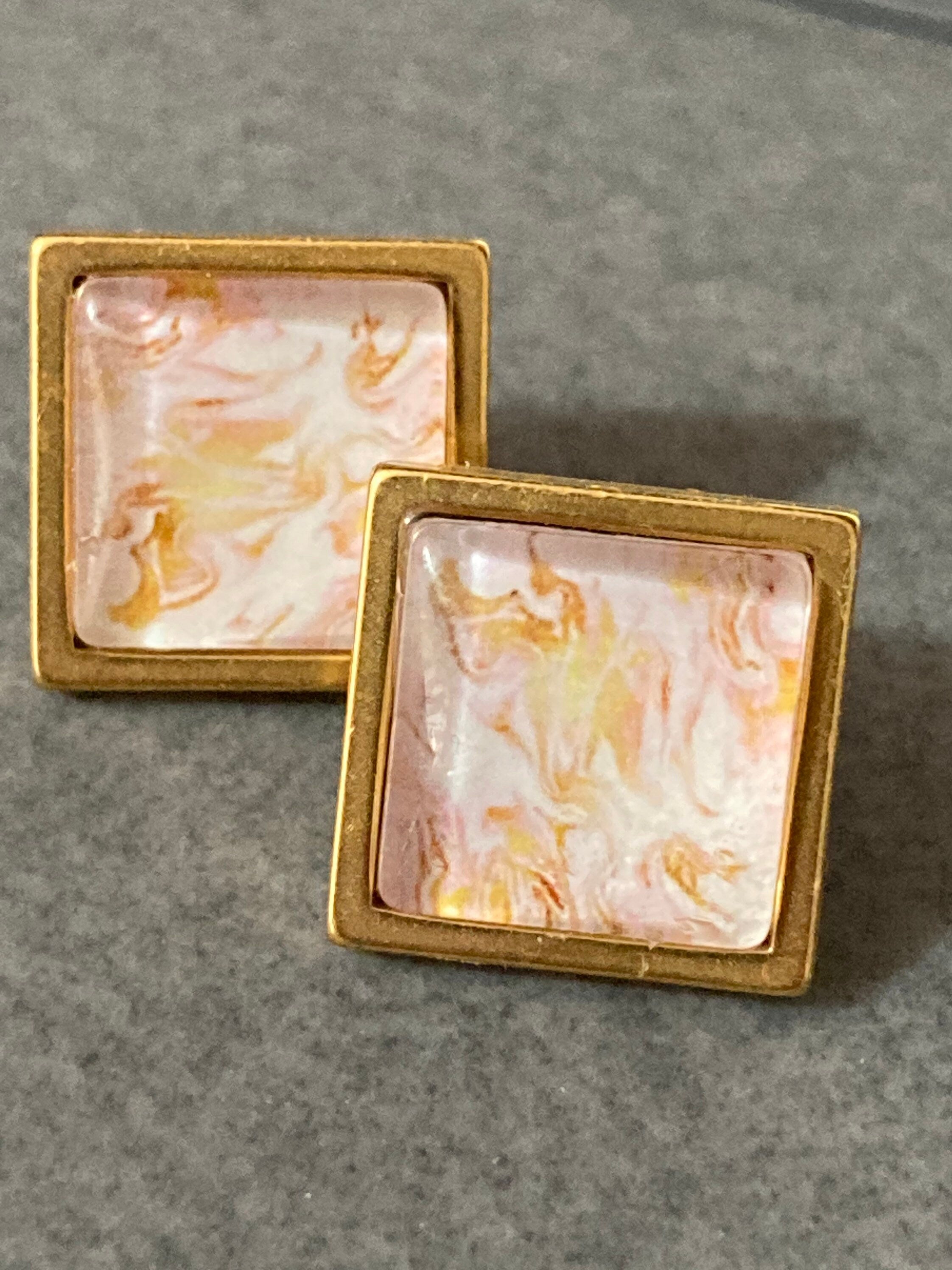 Pink and gold marble stud earrings gold tone 14mm square glass cabochon