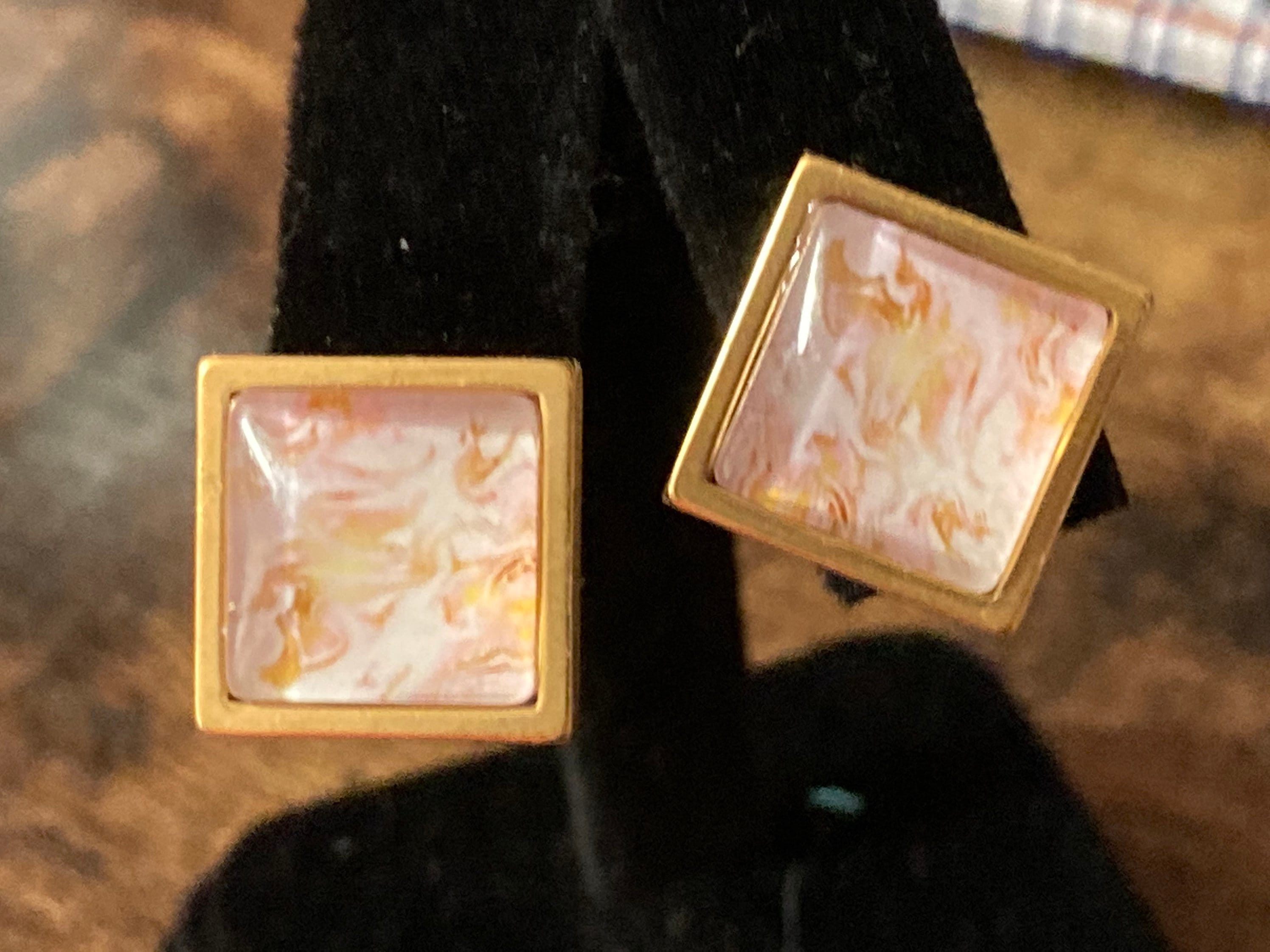 Pink and gold marble stud earrings gold tone 14mm square glass cabochon