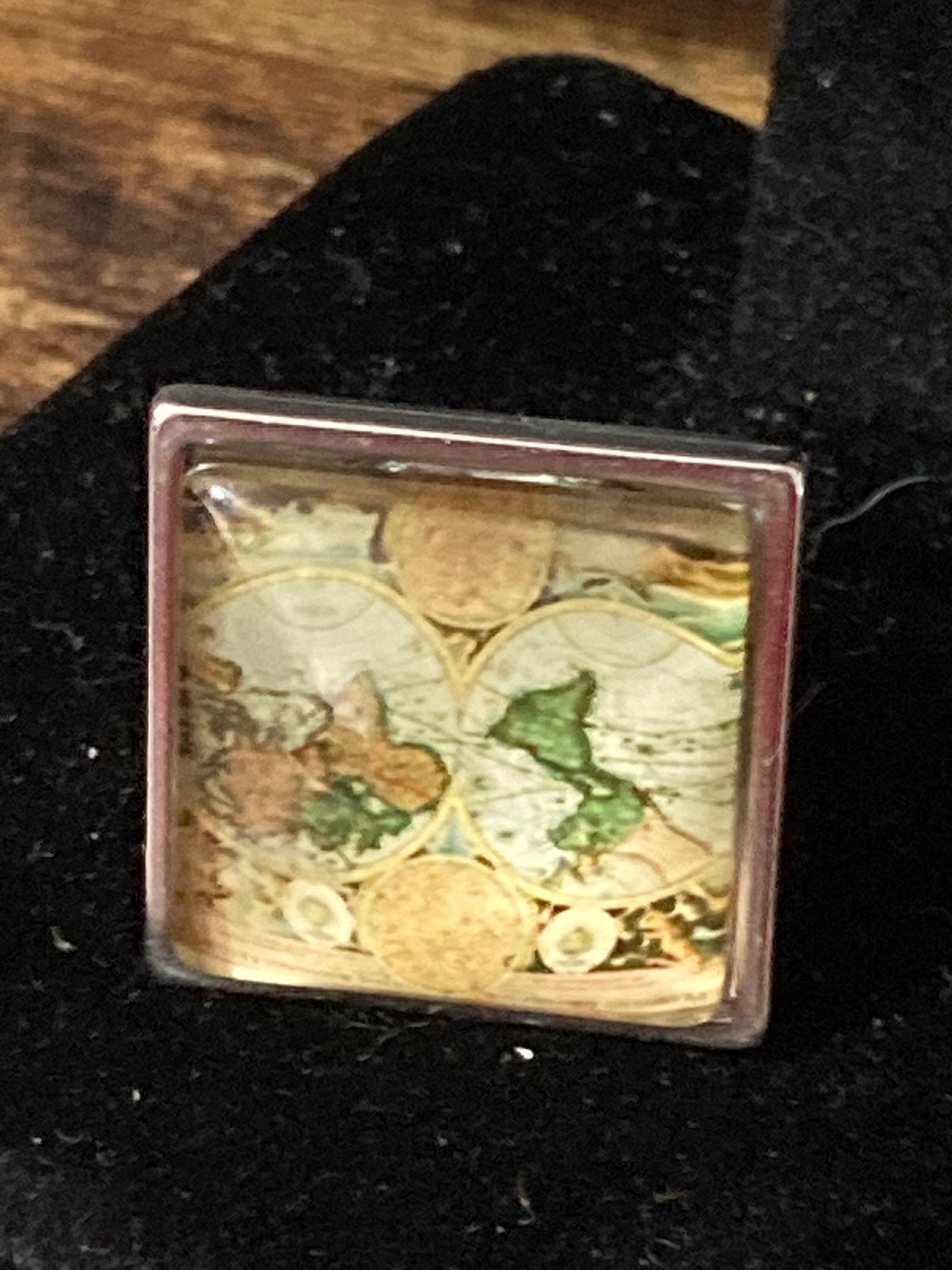 Old world map oversized ring silver tone 2cm square glass cabochon adjustable size