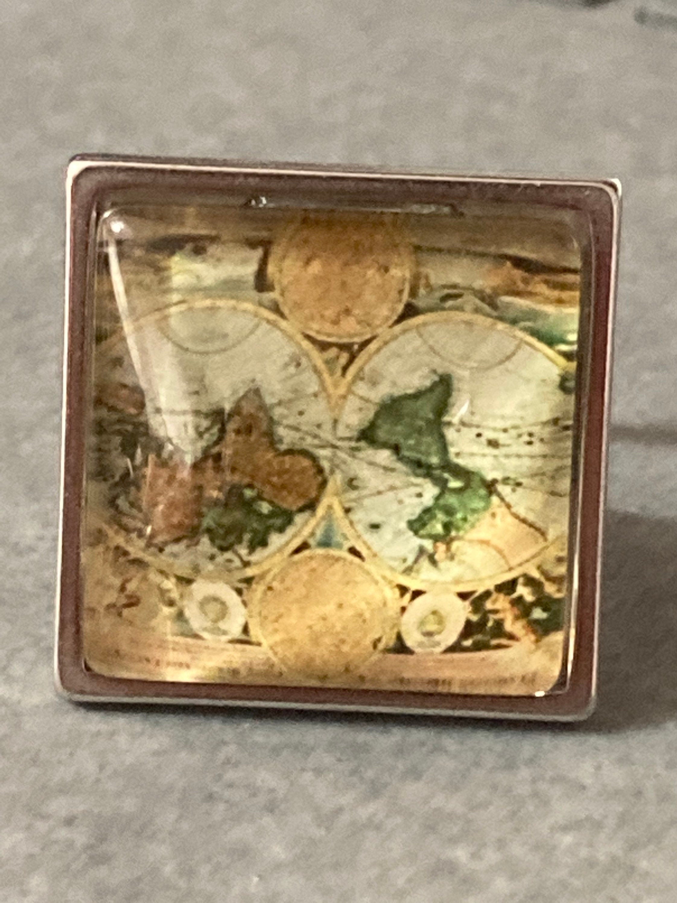 Old world map oversized ring silver tone 2cm square glass cabochon adjustable size