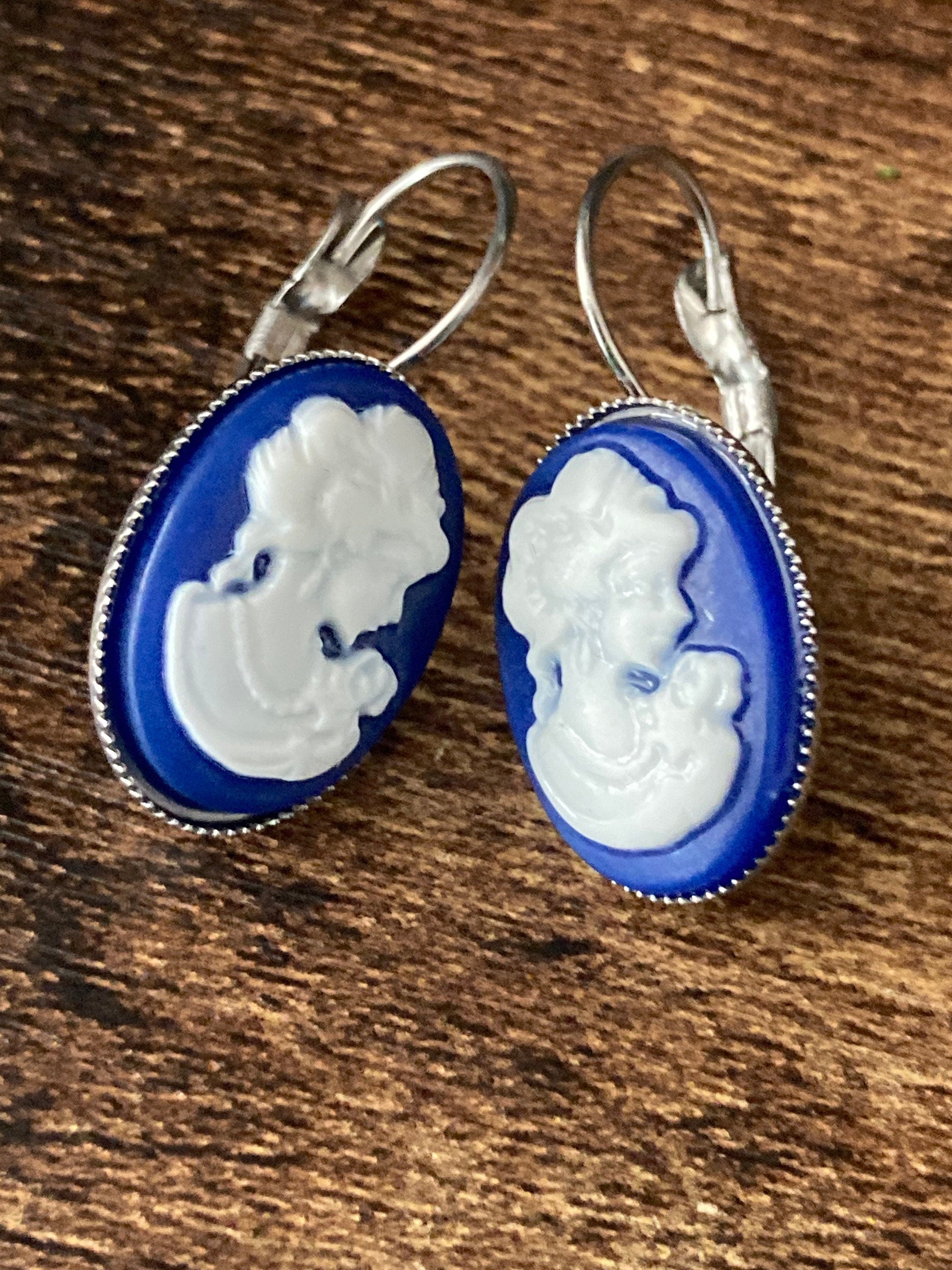 Silver plated oval blue cameo drop earrings pierced ears